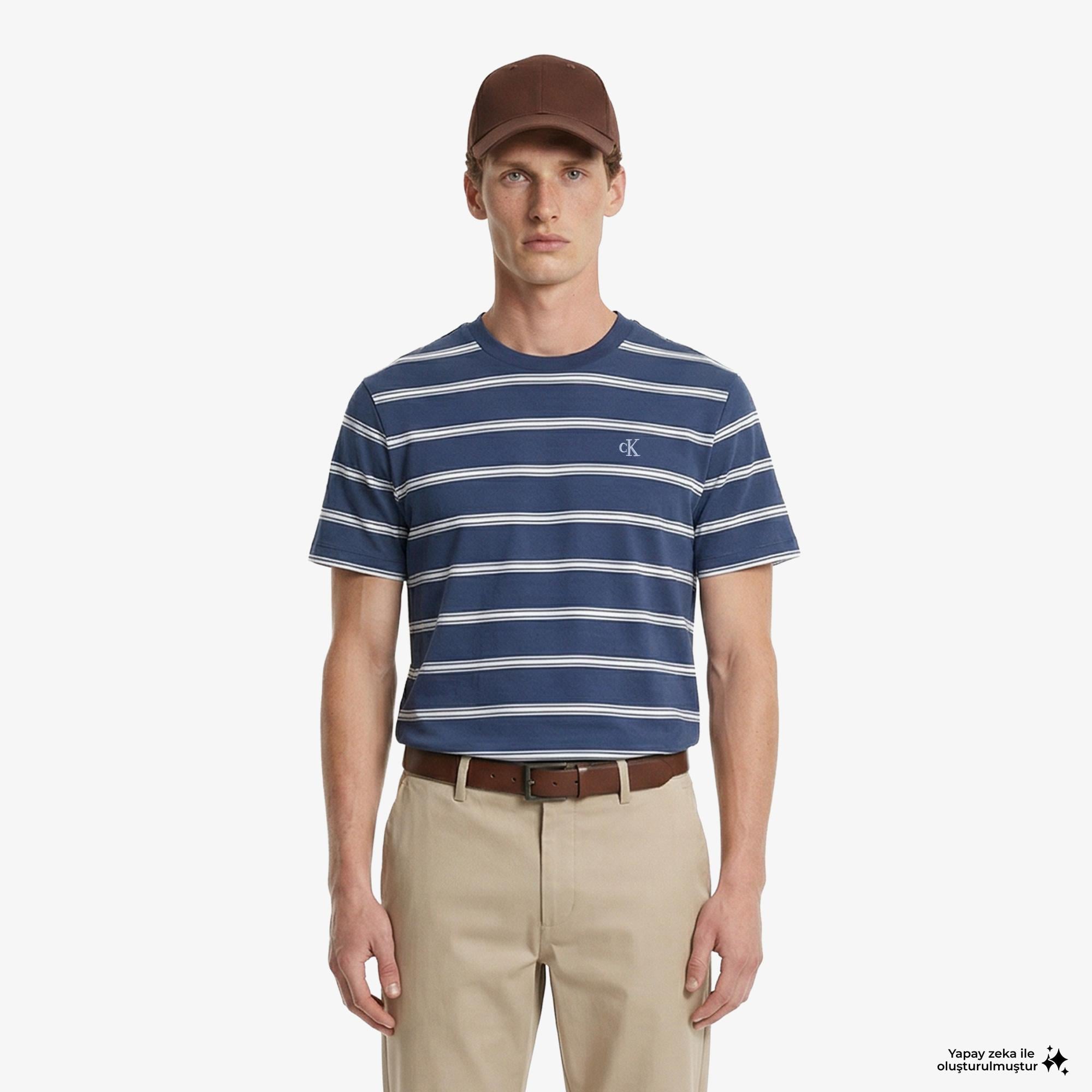 Calvin Klein Easy Stripe Crewnk Erkek Mavi T-Shirt