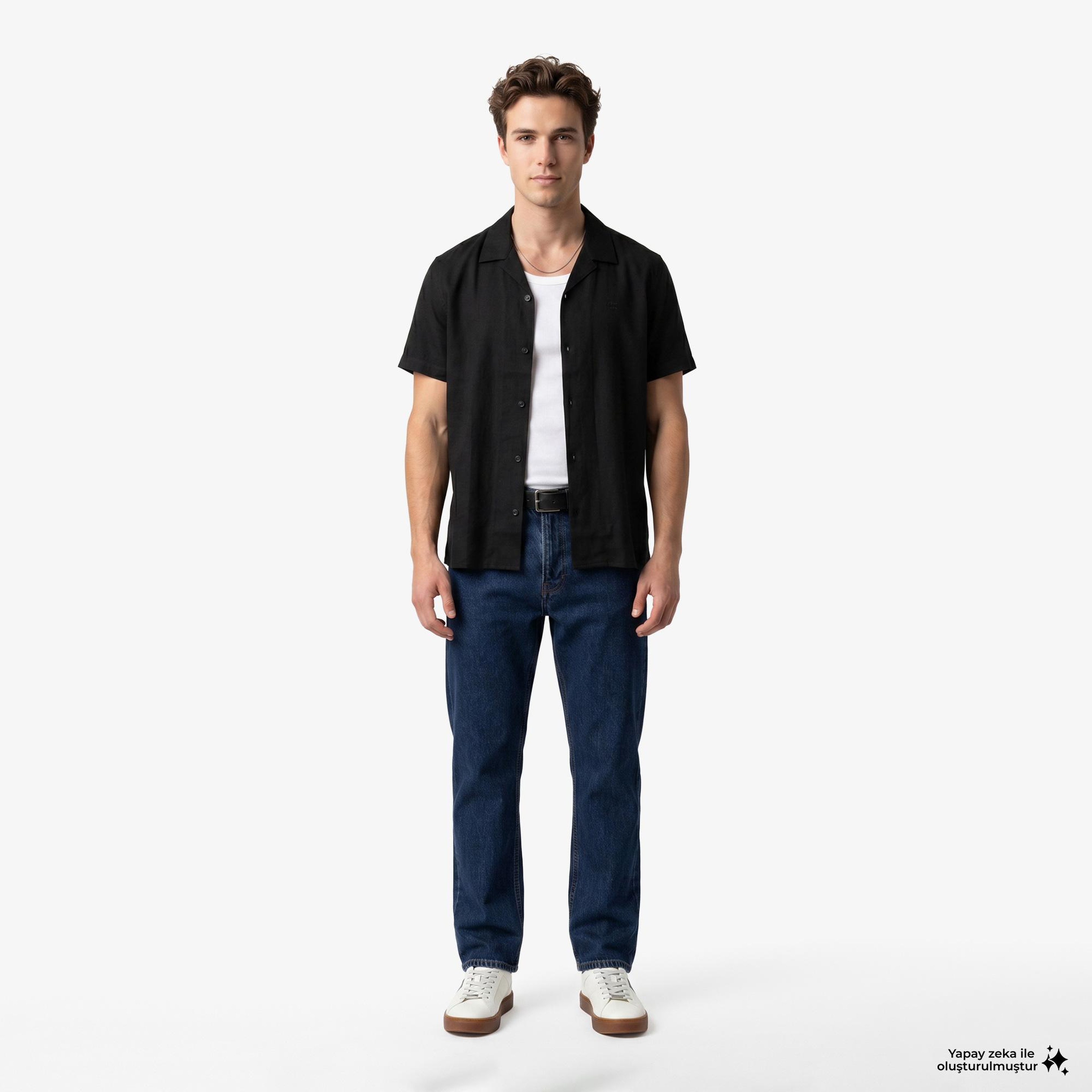 Calvin Klein Camp Collar Solid Class Erkek Siyah Keten Gömlek