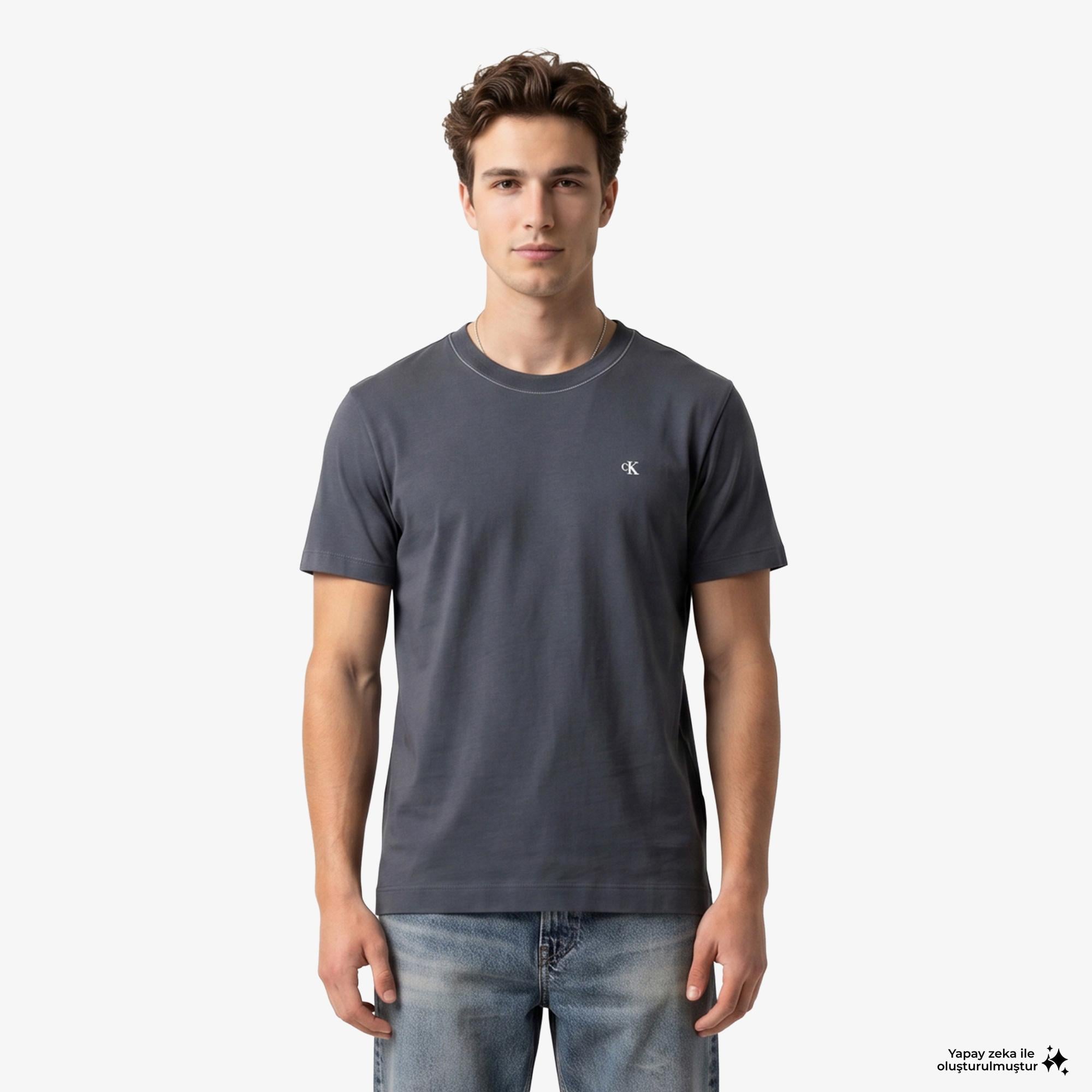 Calvin Klein Contrast Collar Stitch Crewnk Erkek Gri T-Shirt