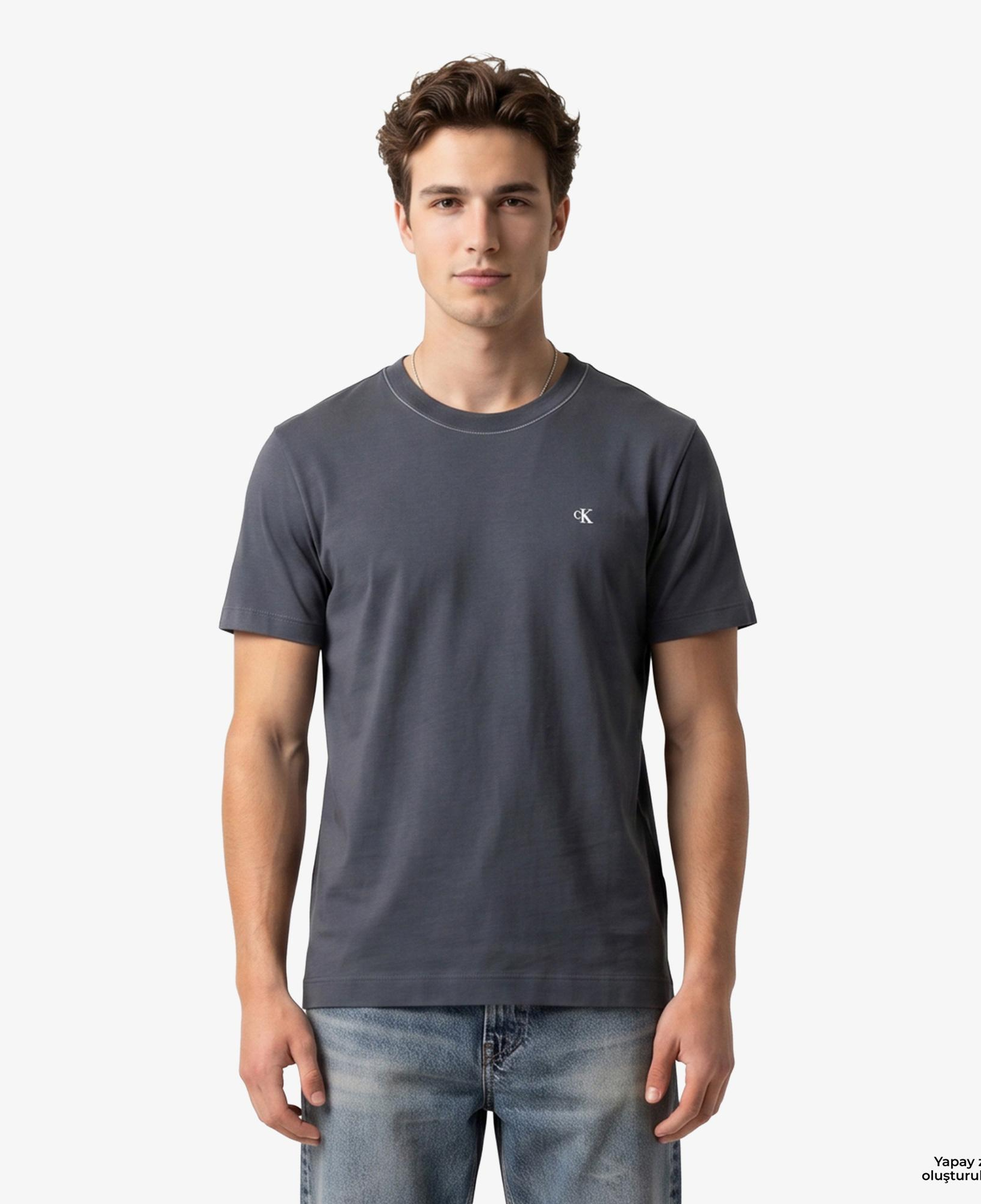 Calvin Klein Contrast Collar Stitch Crewnk Erkek Gri T-Shirt