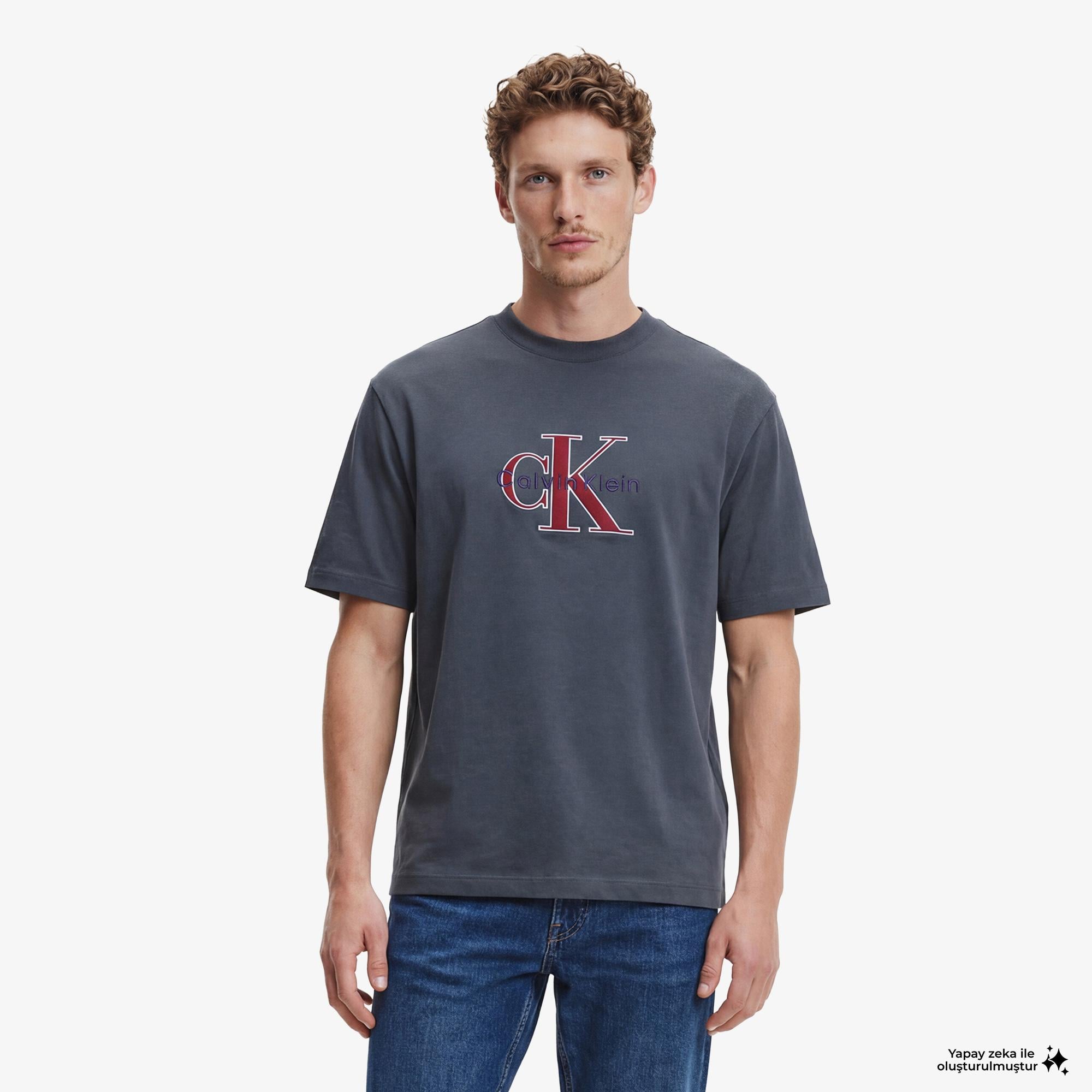 Calvin Klein Tricolor Monologo Graphic Erkek Mavi T-Shirt
