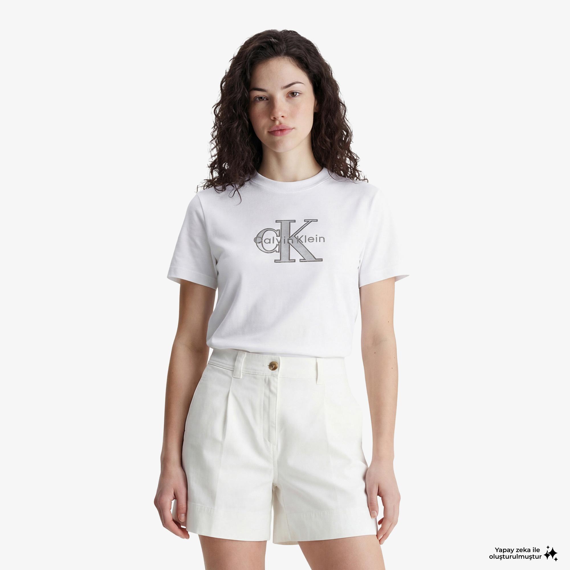 Calvin Klein Classic Monologo Metallic Kadın Beyaz T-Shirt