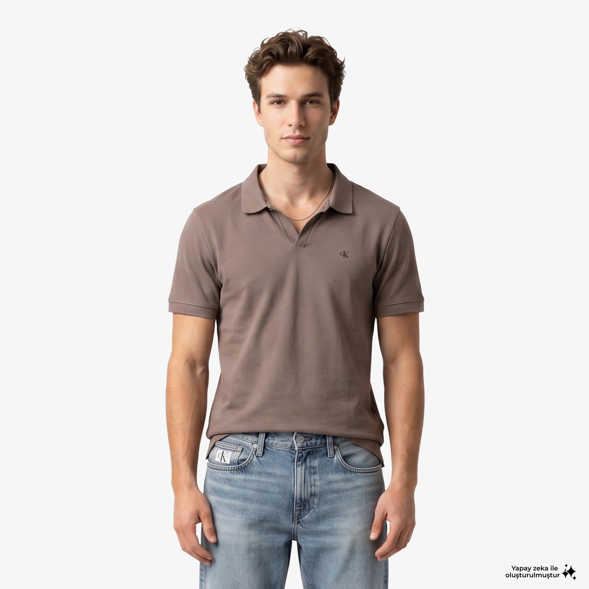 Calvin Klein Open Collar Casual Pique Erkek Kahverengi Polo