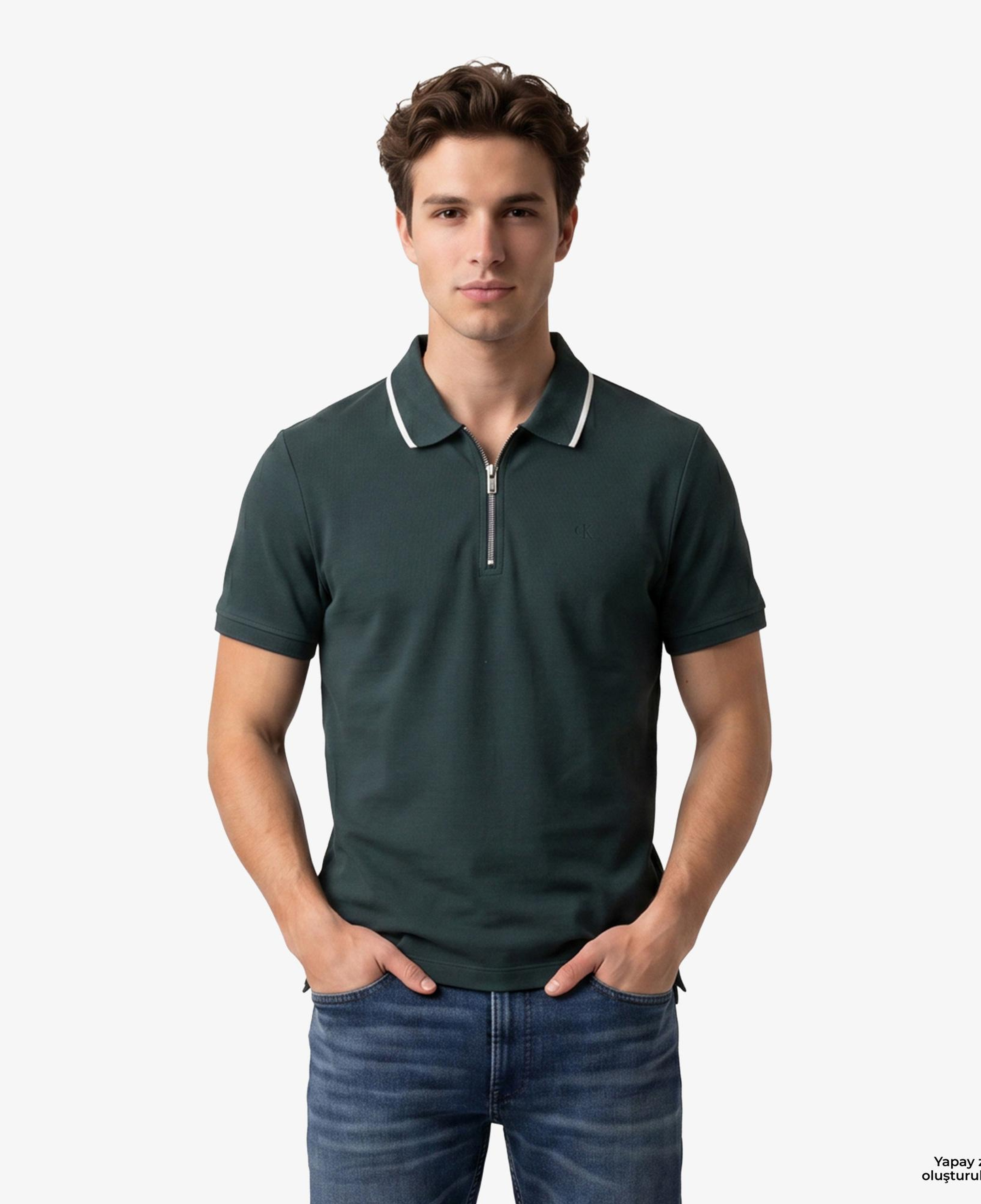 Calvin Klein Tipped Zip Pique Erkek Yeşil Polo