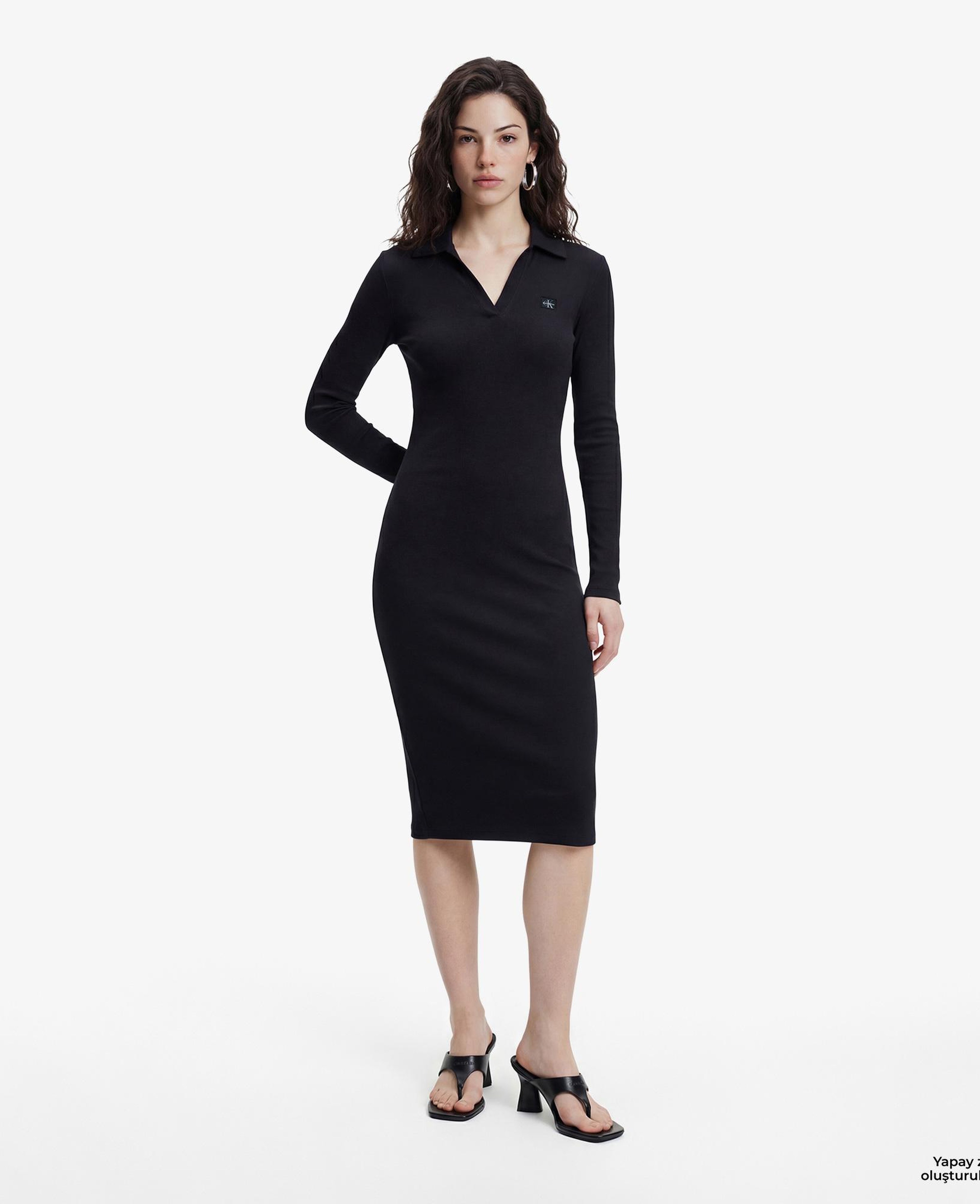 Calvin Klein Woven Label Johnny Collar Kadın Siyah Elbise