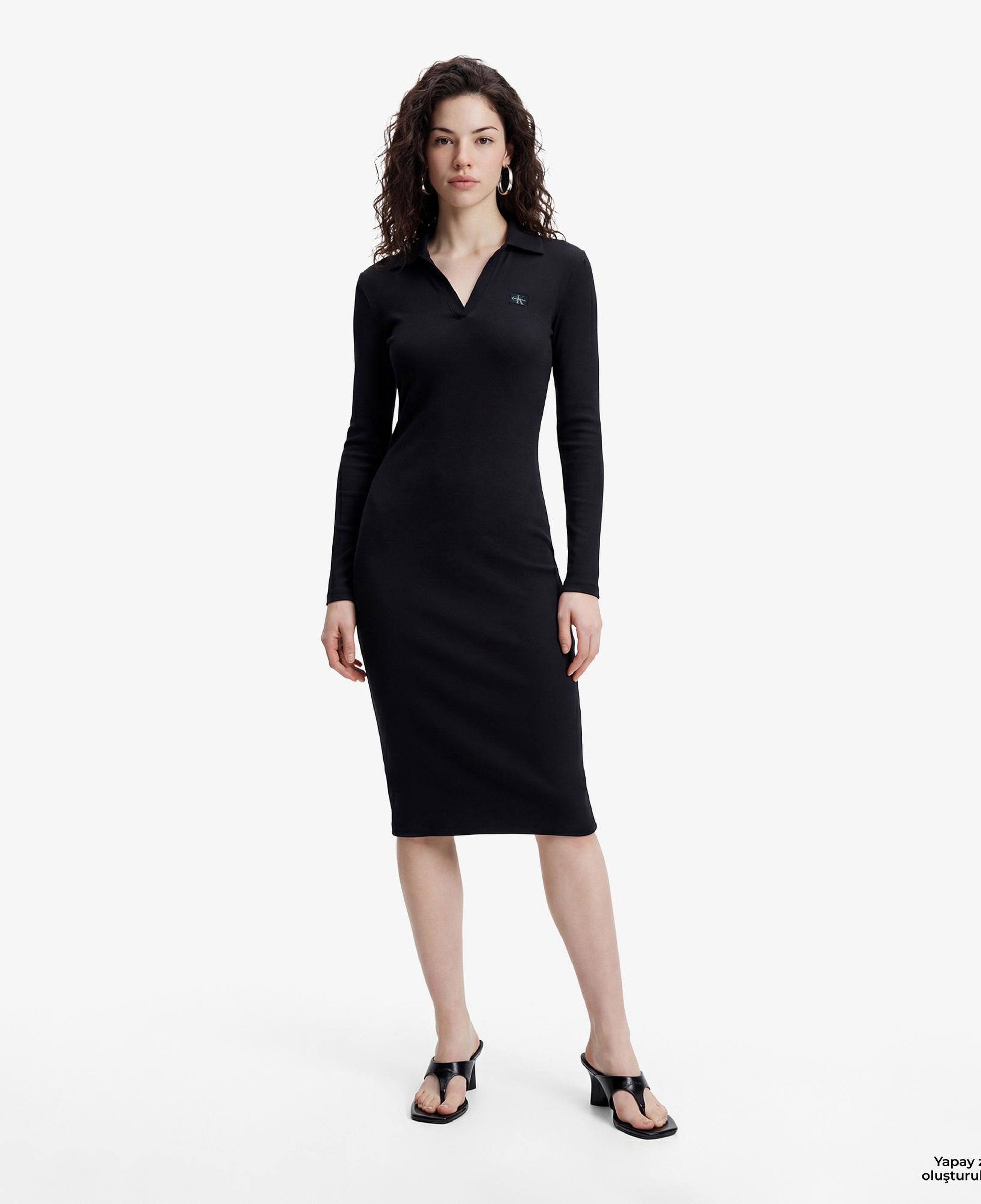 Calvin Klein Woven Label Johnny Collar Kadın Siyah Elbise