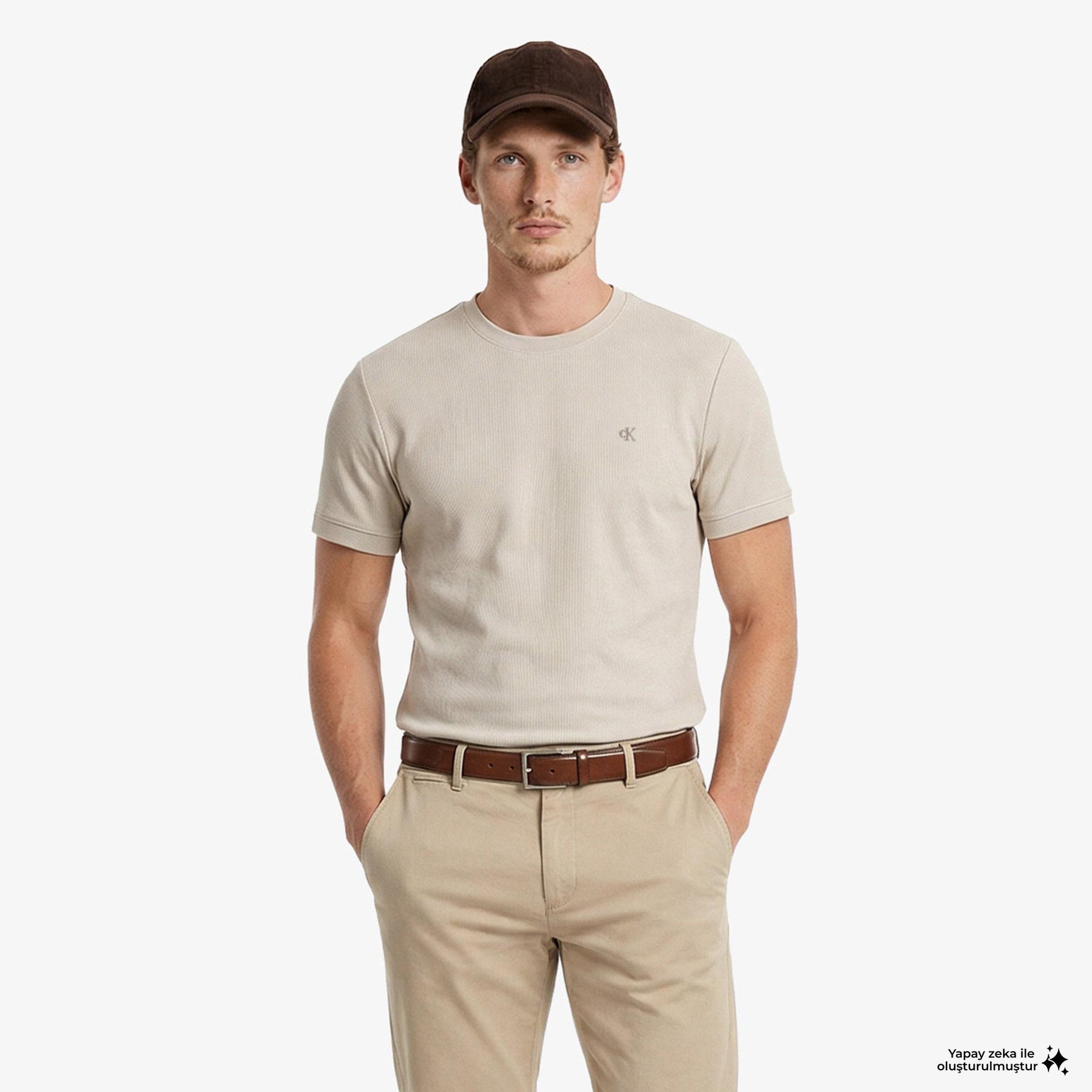 Calvin Klein Slim Micro Waffle Crewnk  Erkek Bej T-Shirt