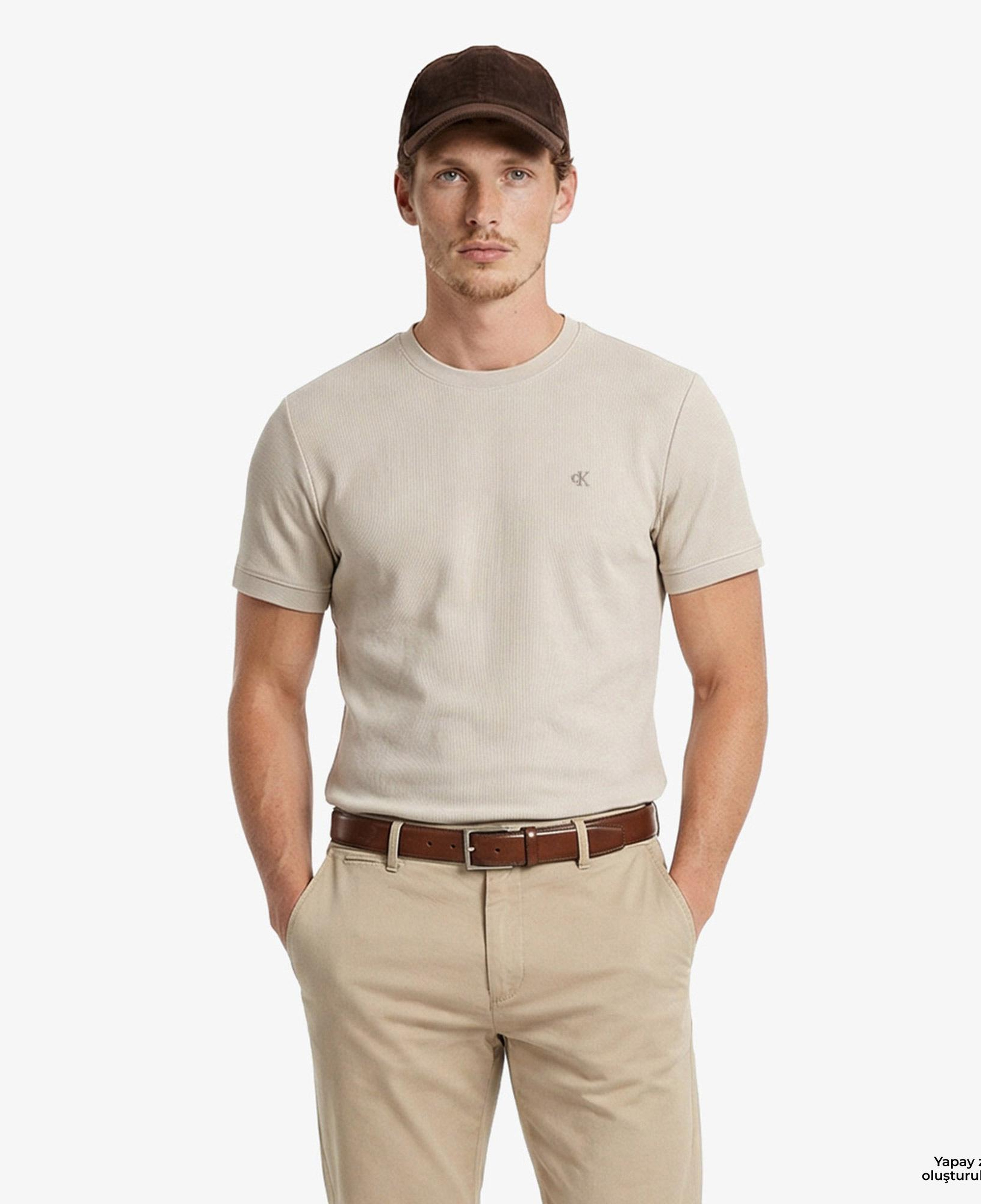 Calvin Klein Slim Micro Waffle Crewnk  Erkek Bej T-Shirt