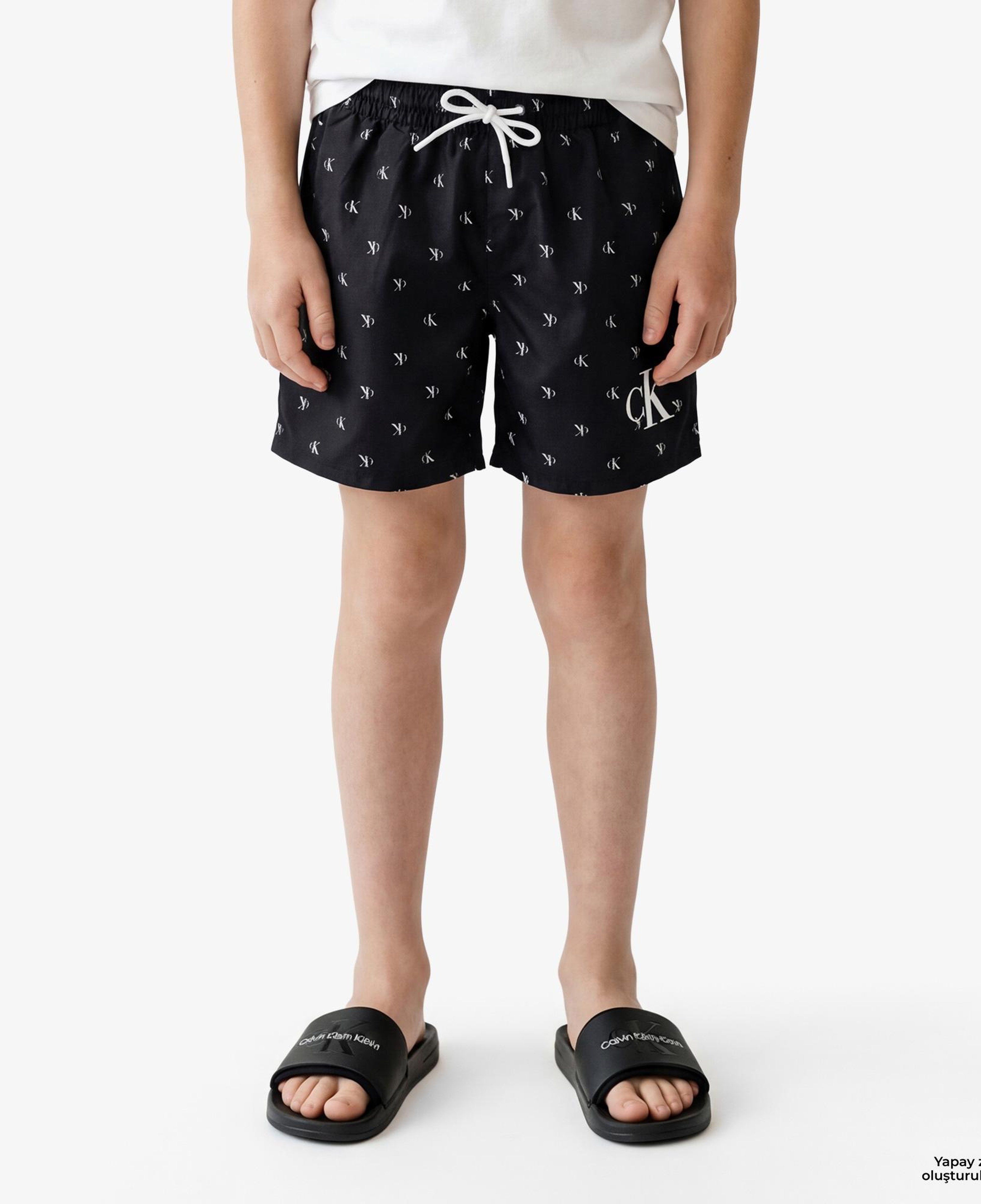 Calvin Klein Medium Drawstring-Print Çocuk Siyah Deniz Şortu