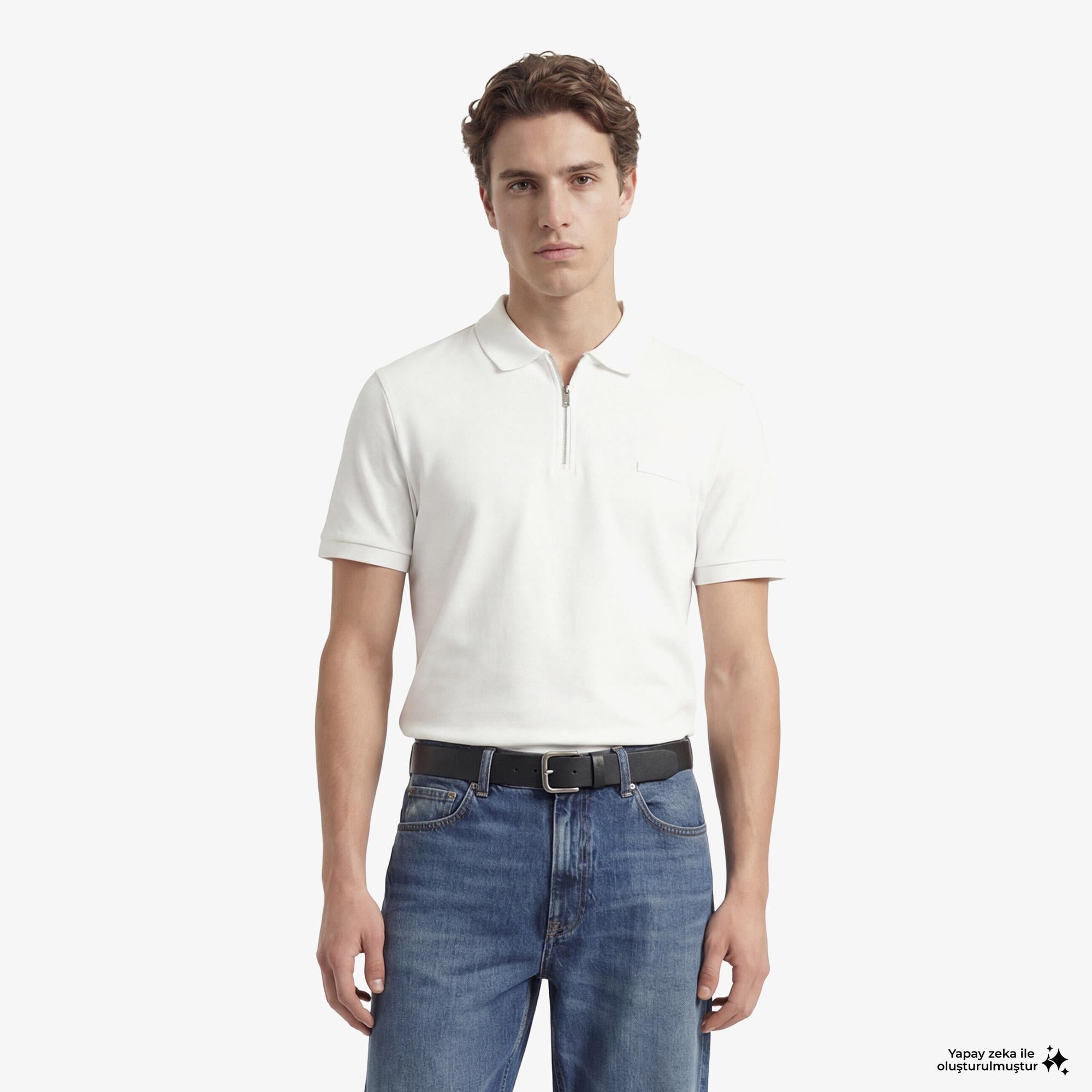 Calvin Klein Slim Supima Zip Erkek Beyaz Polo