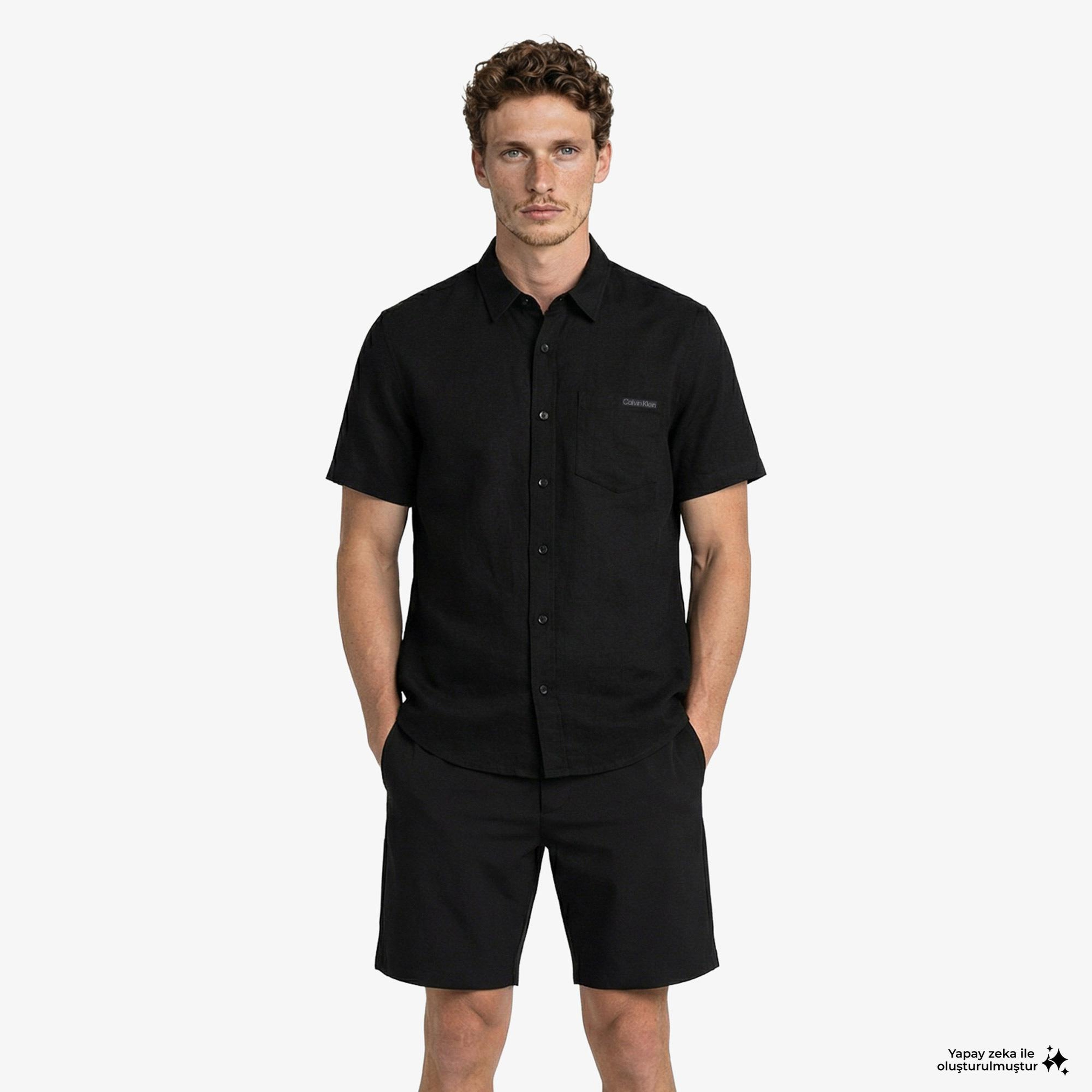 Calvin Klein Solid Causal Classic Erkek Siyah Keten Gömlek
