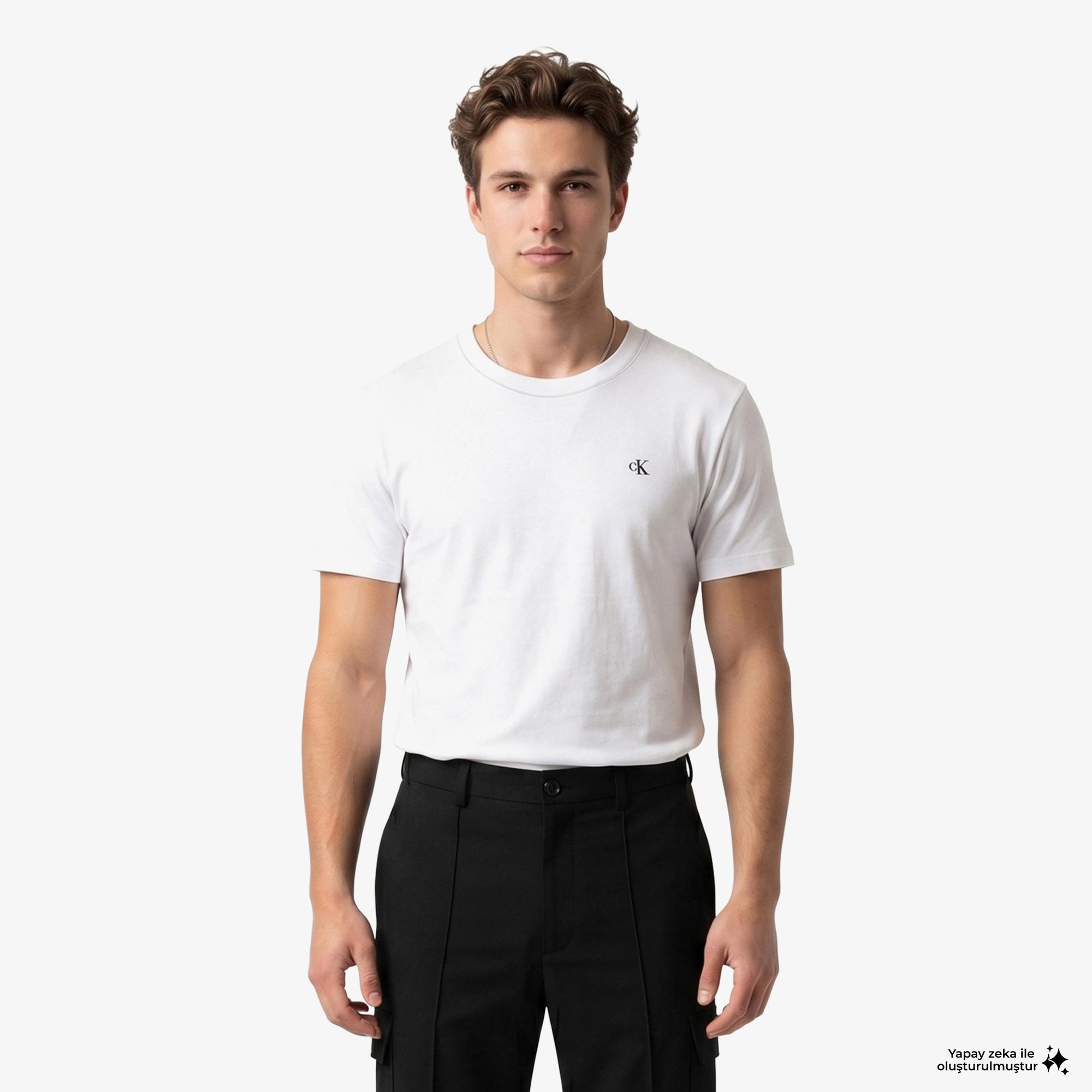 Calvin Klein Contrast Collar Stitch Crewnk Erkek Beyaz T-Shirt