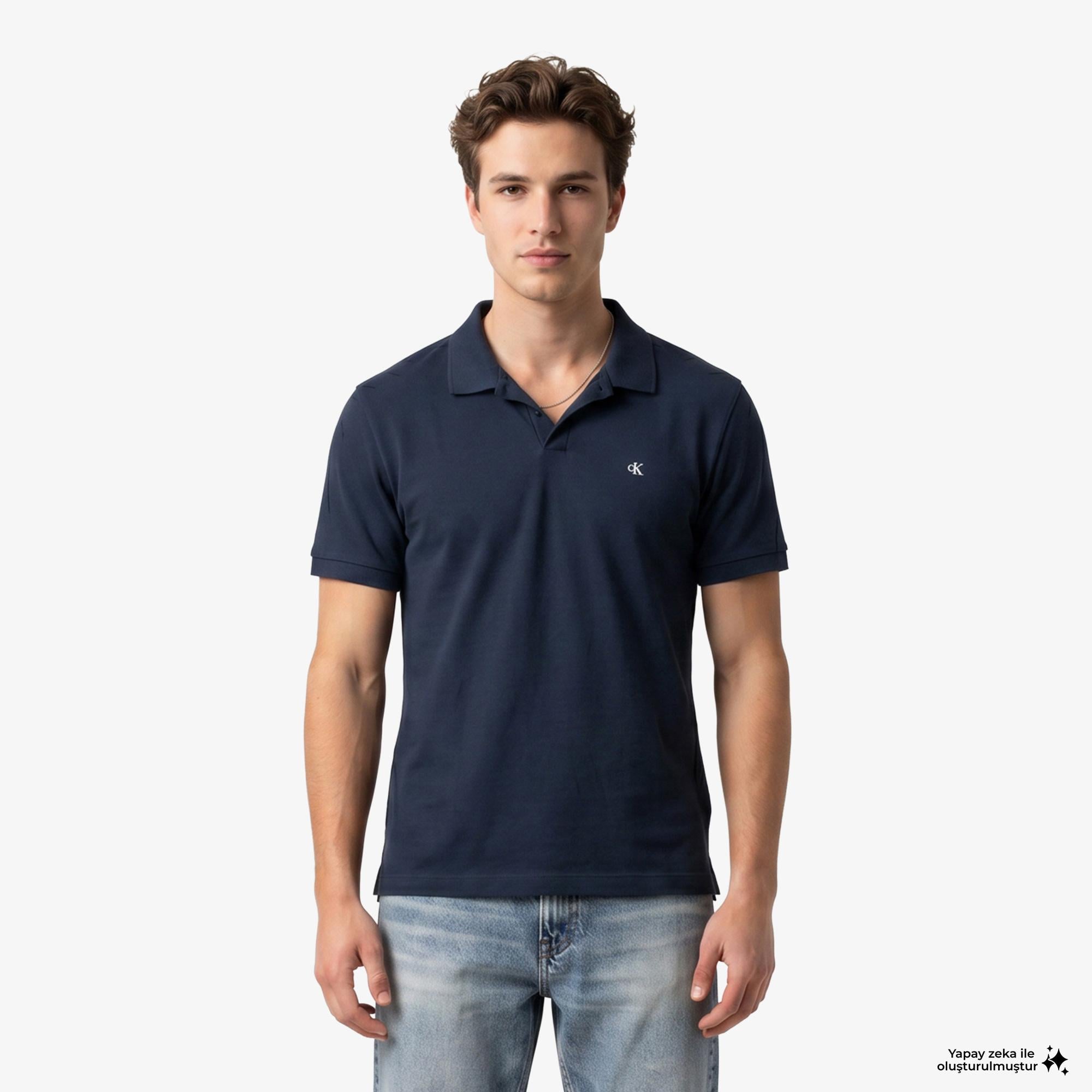 Calvin Klein Open Collar Casual Pique Erkek Mavi Polo