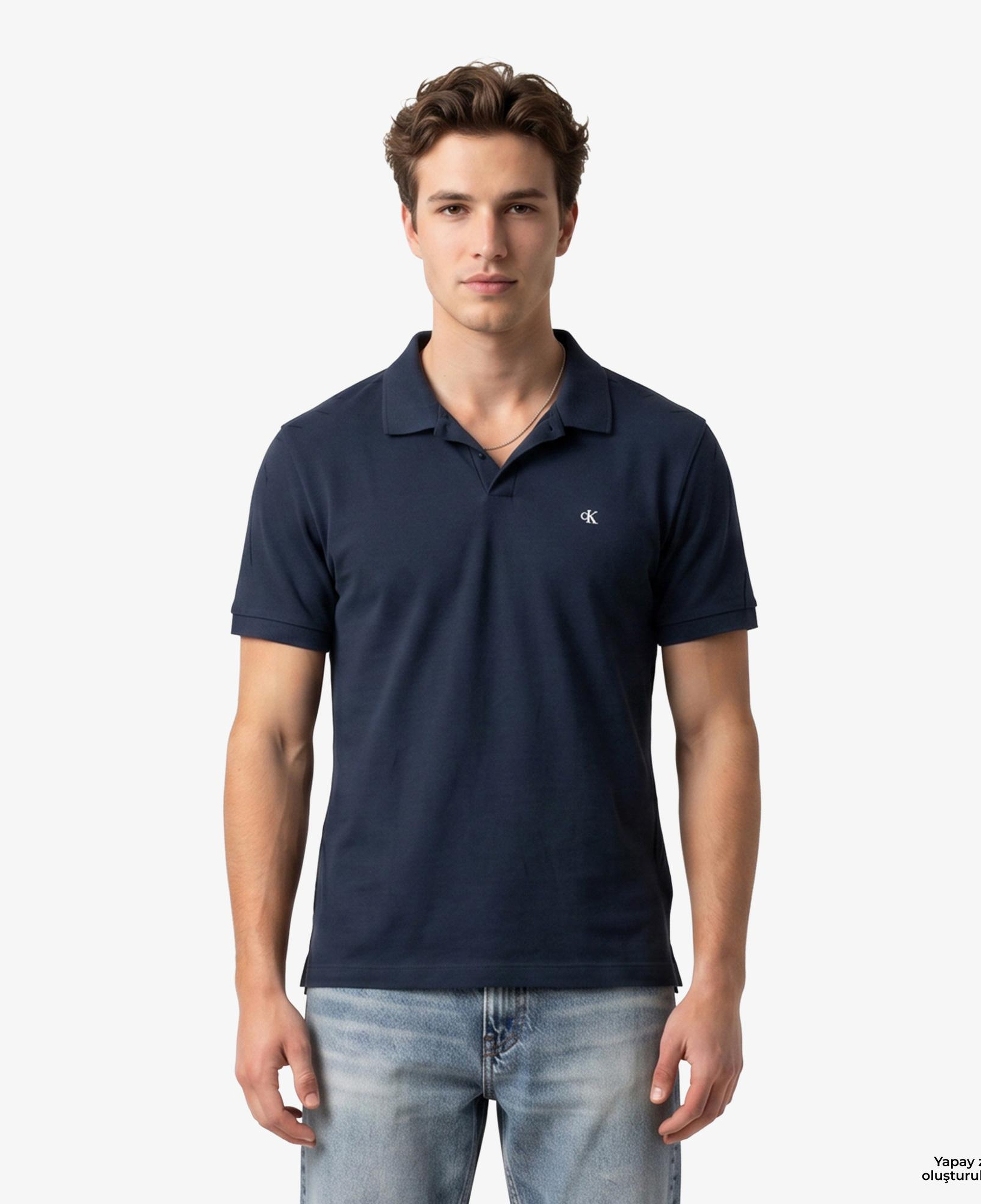 Calvin Klein Open Collar Casual Pique Erkek Mavi Polo