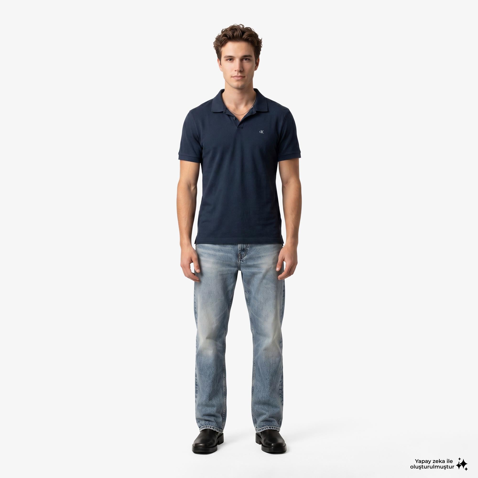 Calvin Klein Open Collar Casual Pique Erkek Mavi Polo
