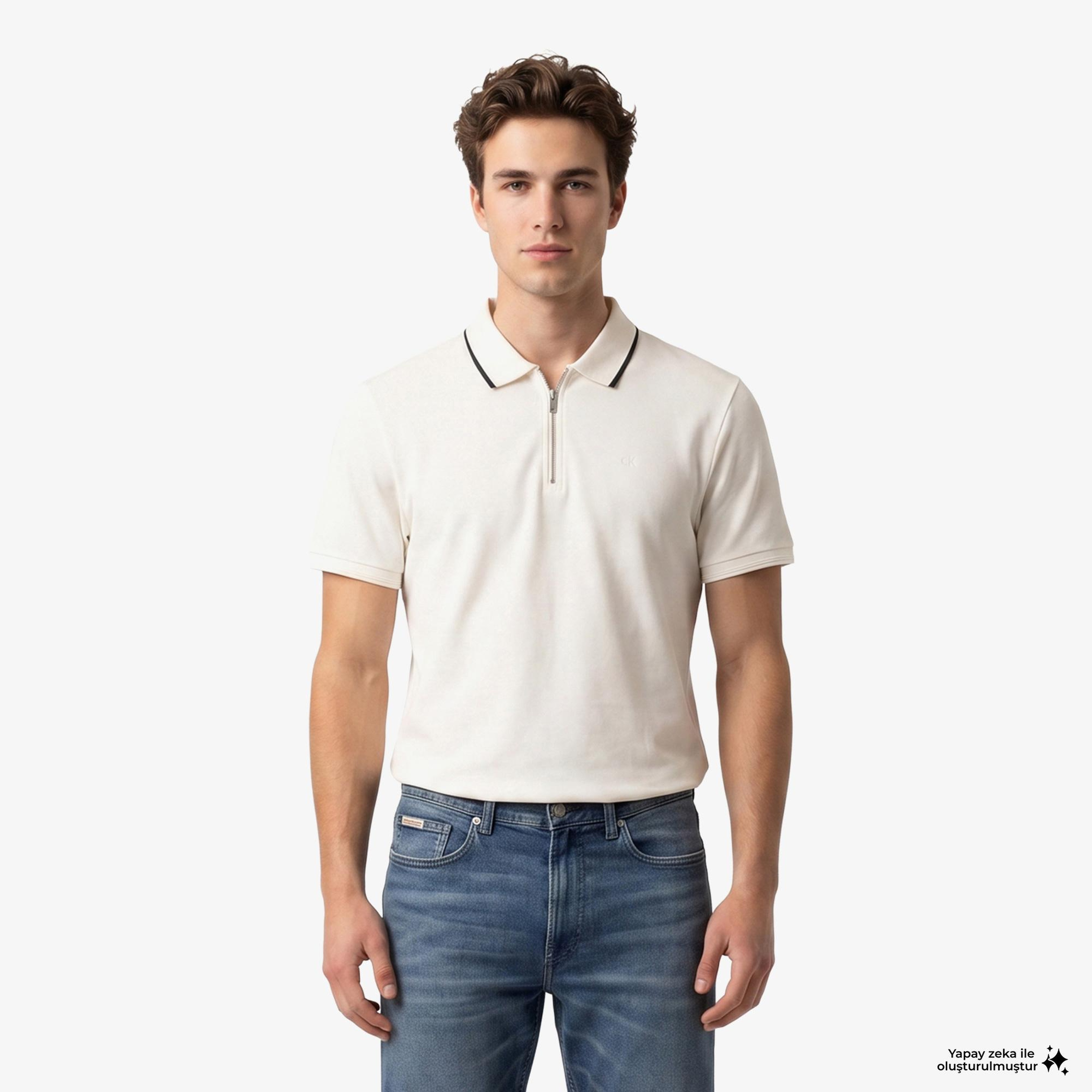 Calvin Klein Tipped Zip Pique Erkek Beyaz Polo