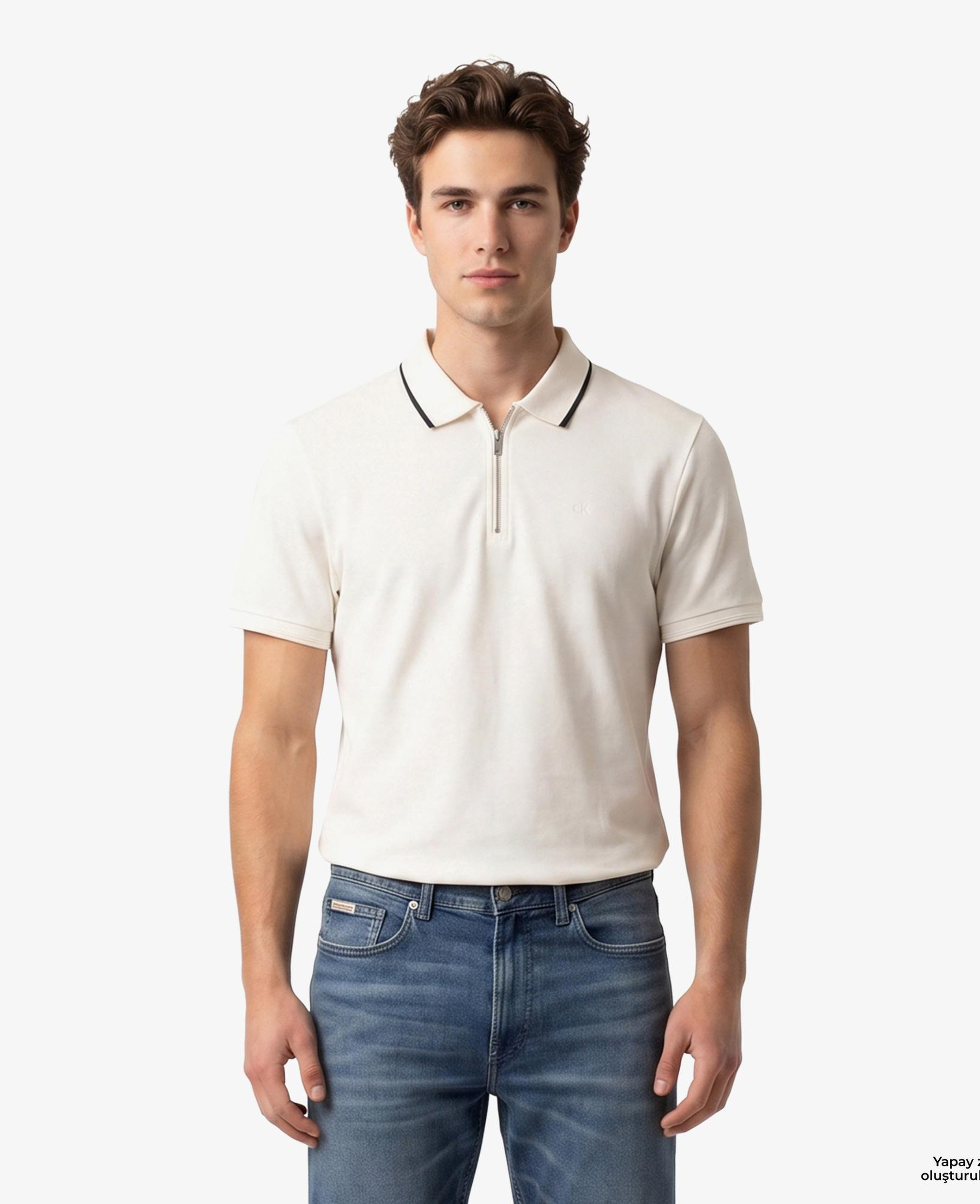 Calvin Klein Tipped Zip Pique Erkek Beyaz Polo