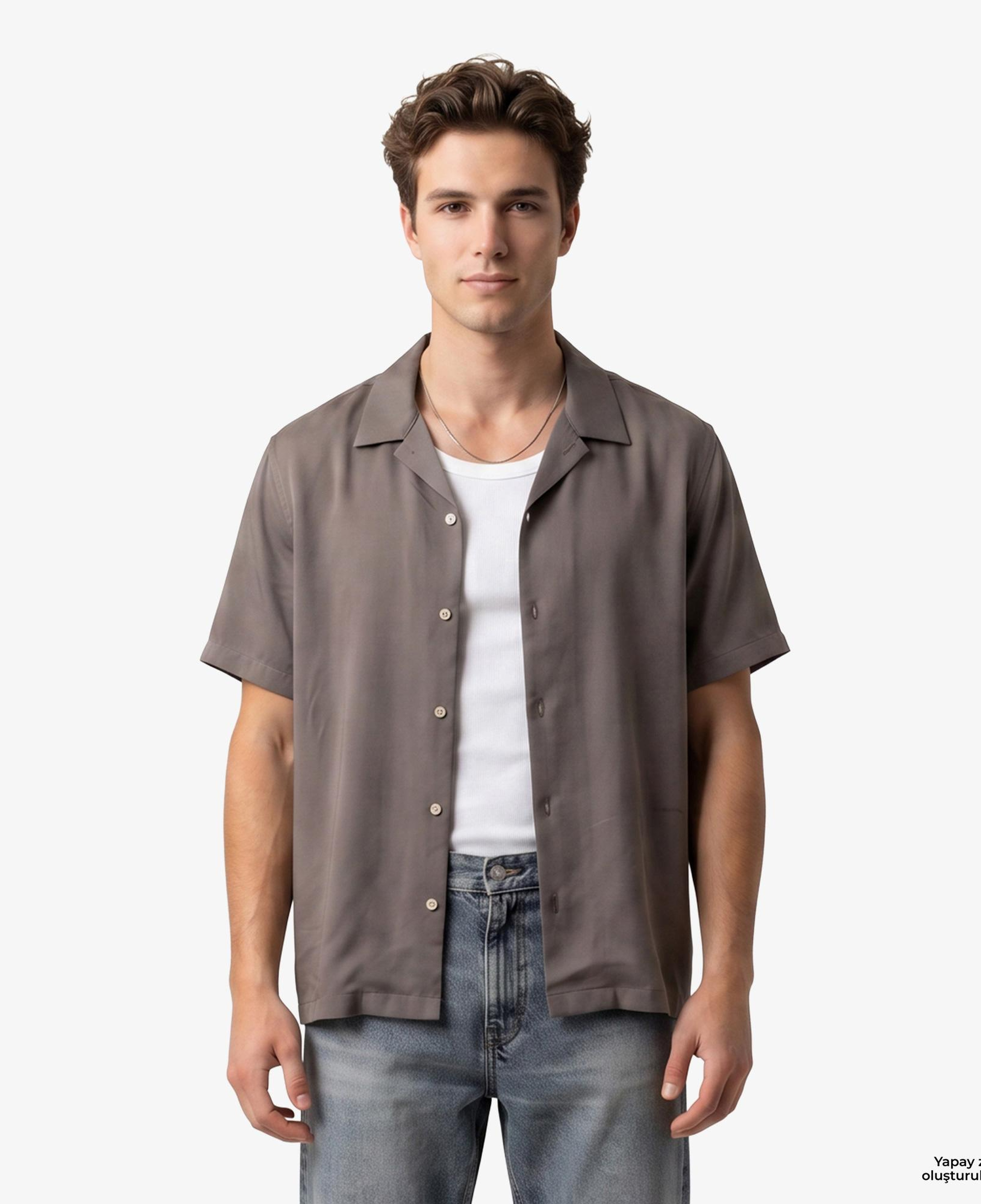 Calvin Klein Camp Collar Drapey Modal Erkek Kahverengi Gömlek