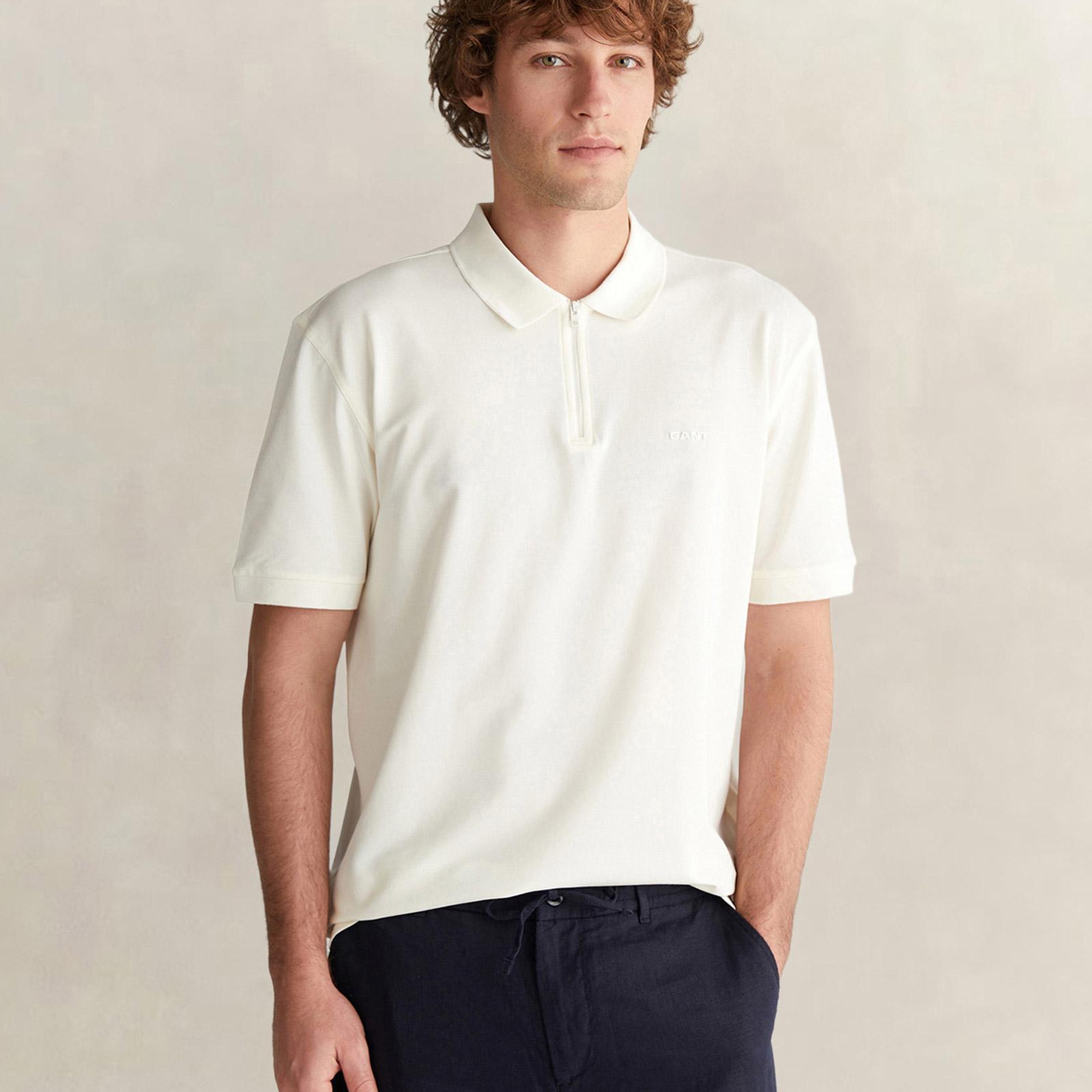 GANT Erkek Beyaz Regular Fit Yarım Fermuarlı Polo Yaka T-Shirt