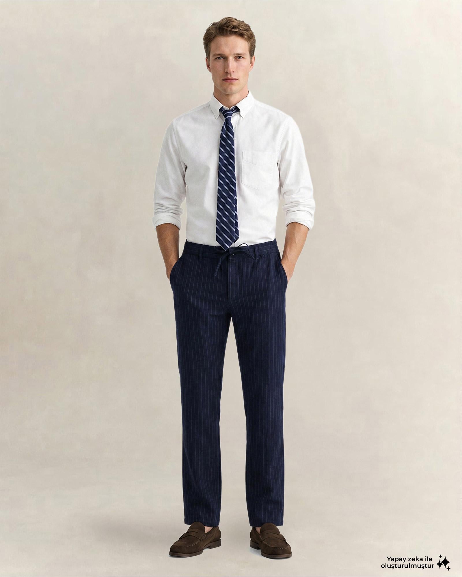 GANT Erkek Lacivert Regular Fit Çizgili Pantolon