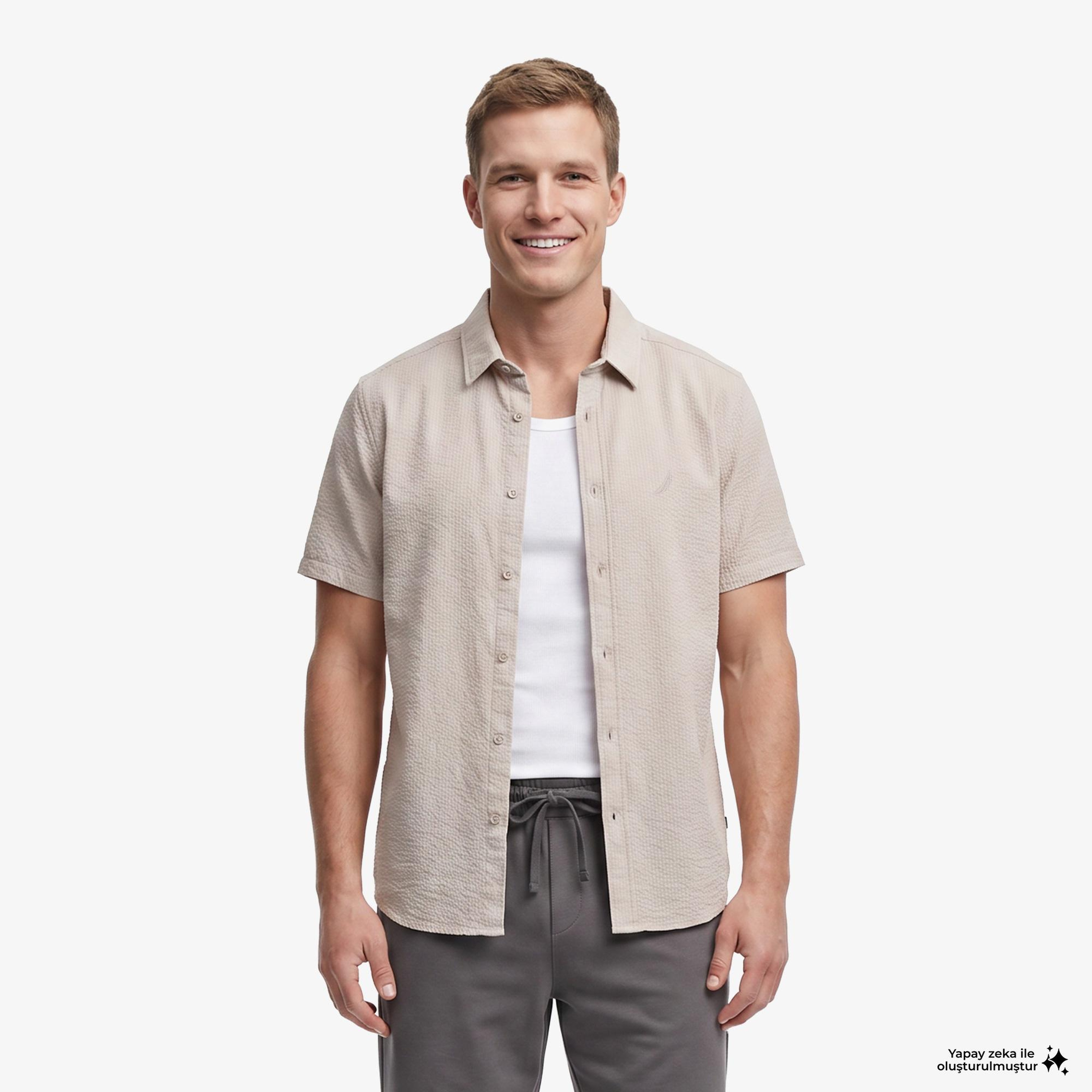 Nautica Erkek Bej Regular Fit Kısa Kollu Gömlek