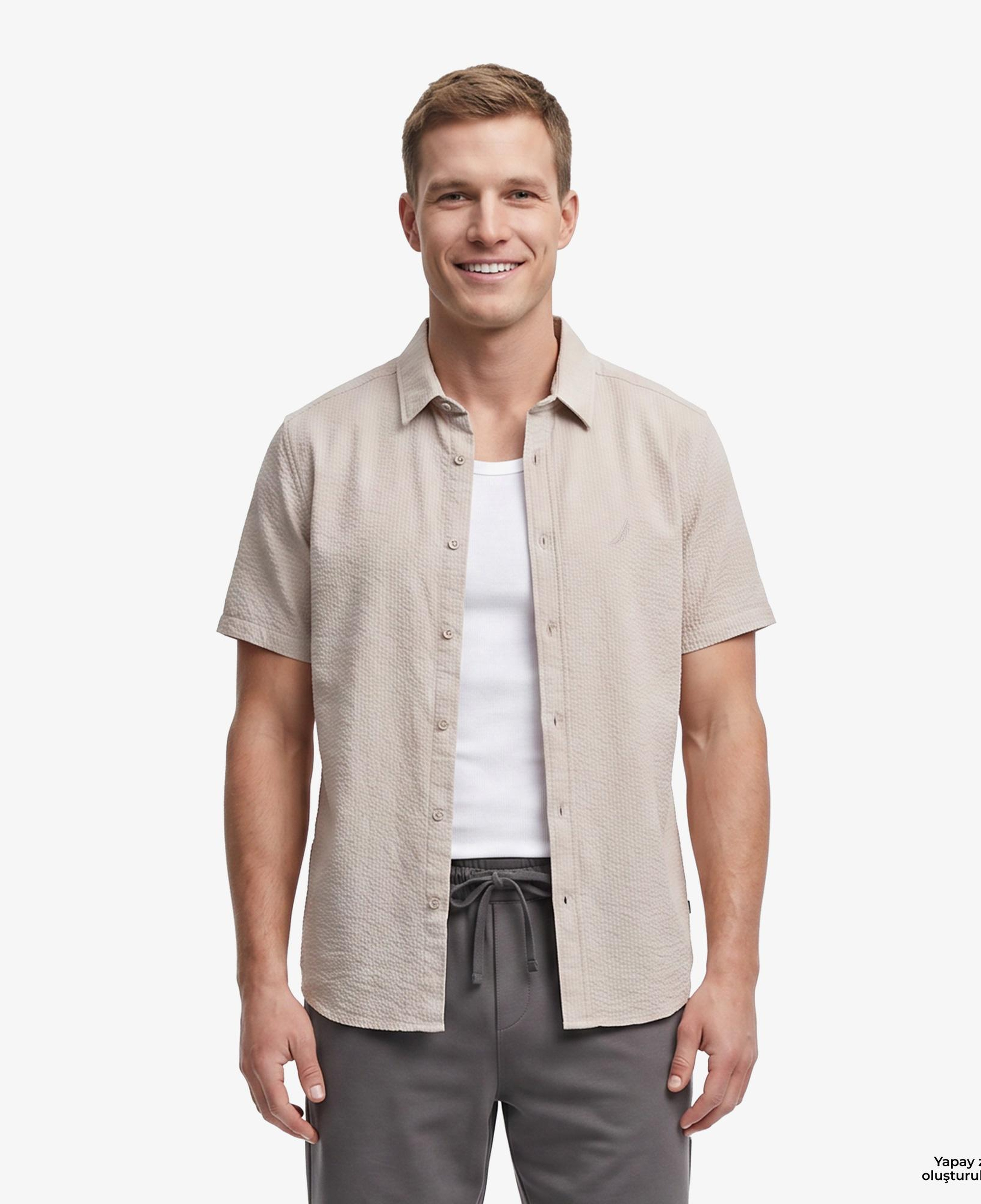 Nautica Erkek Bej Regular Fit Kısa Kollu Gömlek