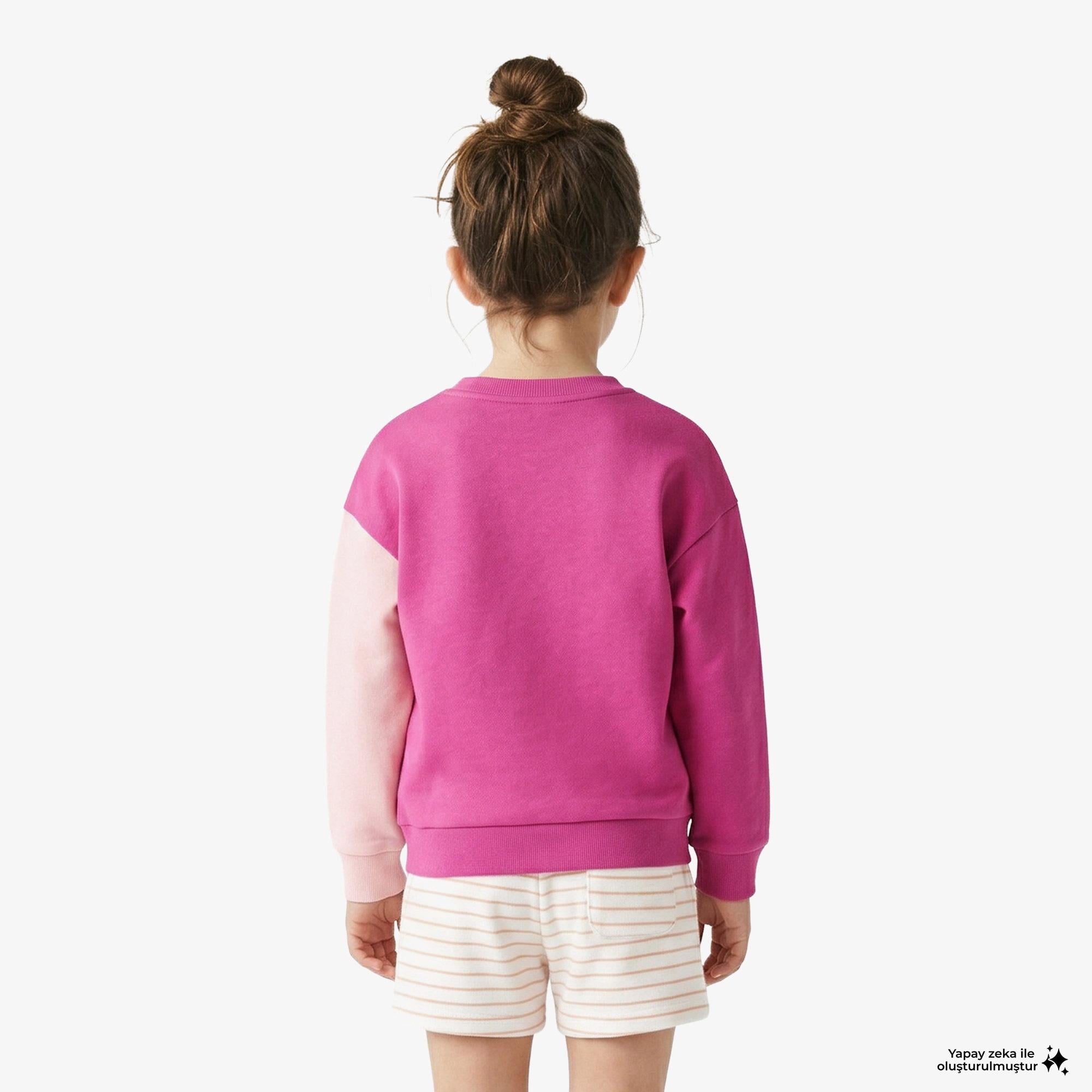 Çocuk Bisiklet Yaka Renk Bloklu Pembe Sweatshirt