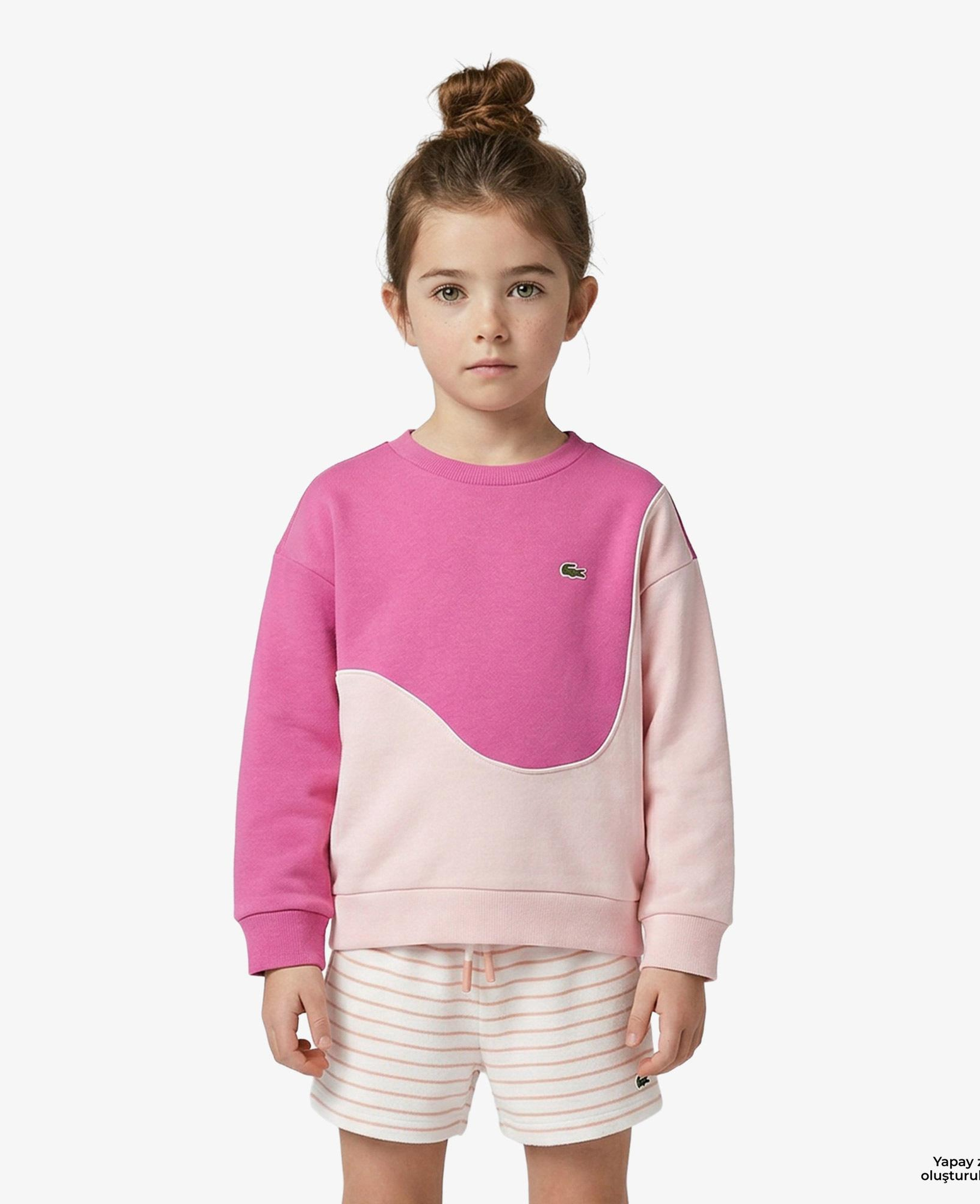 Çocuk Bisiklet Yaka Renk Bloklu Pembe Sweatshirt