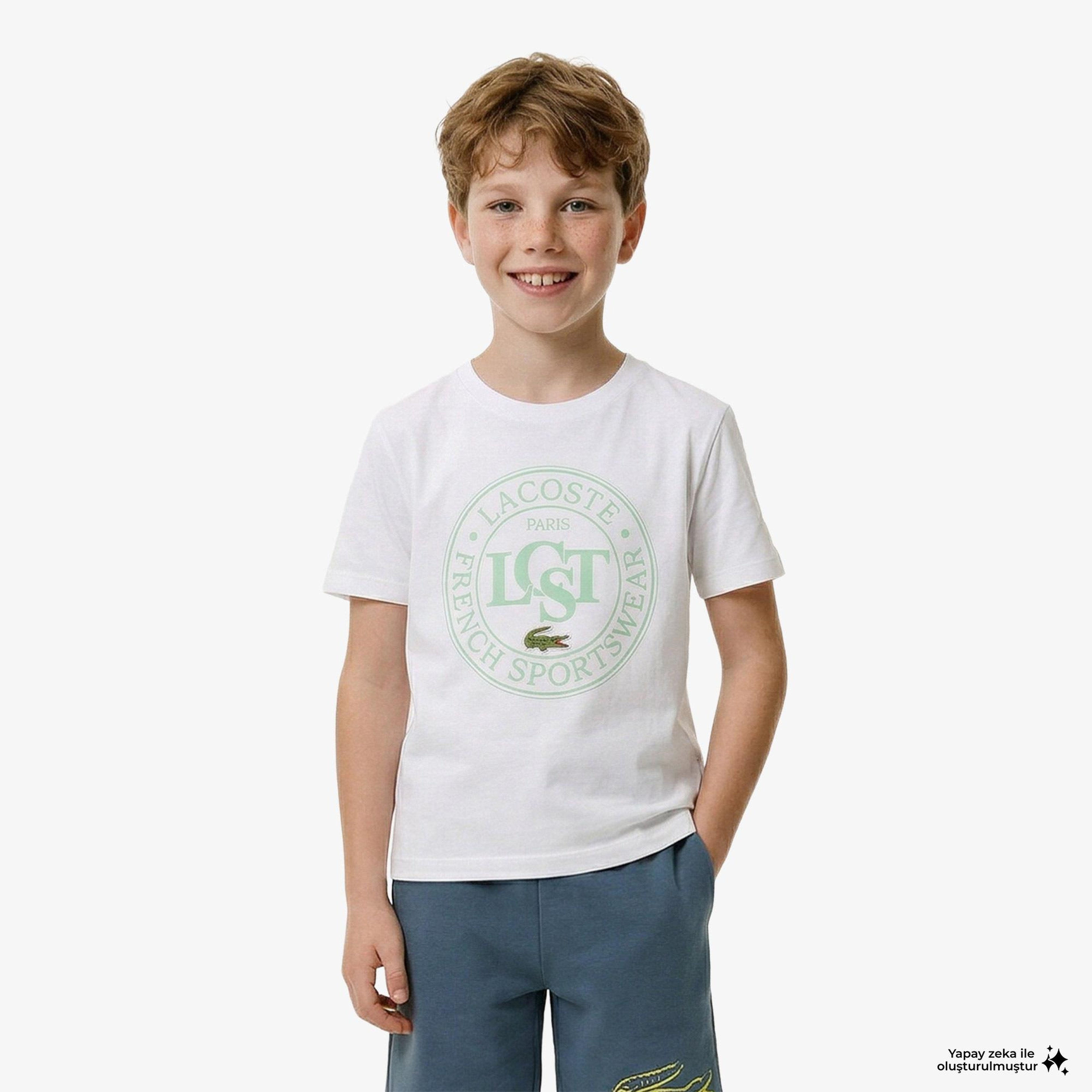 Çocuk Bisiklet Yaka Baskılı Beyaz T-Shirt