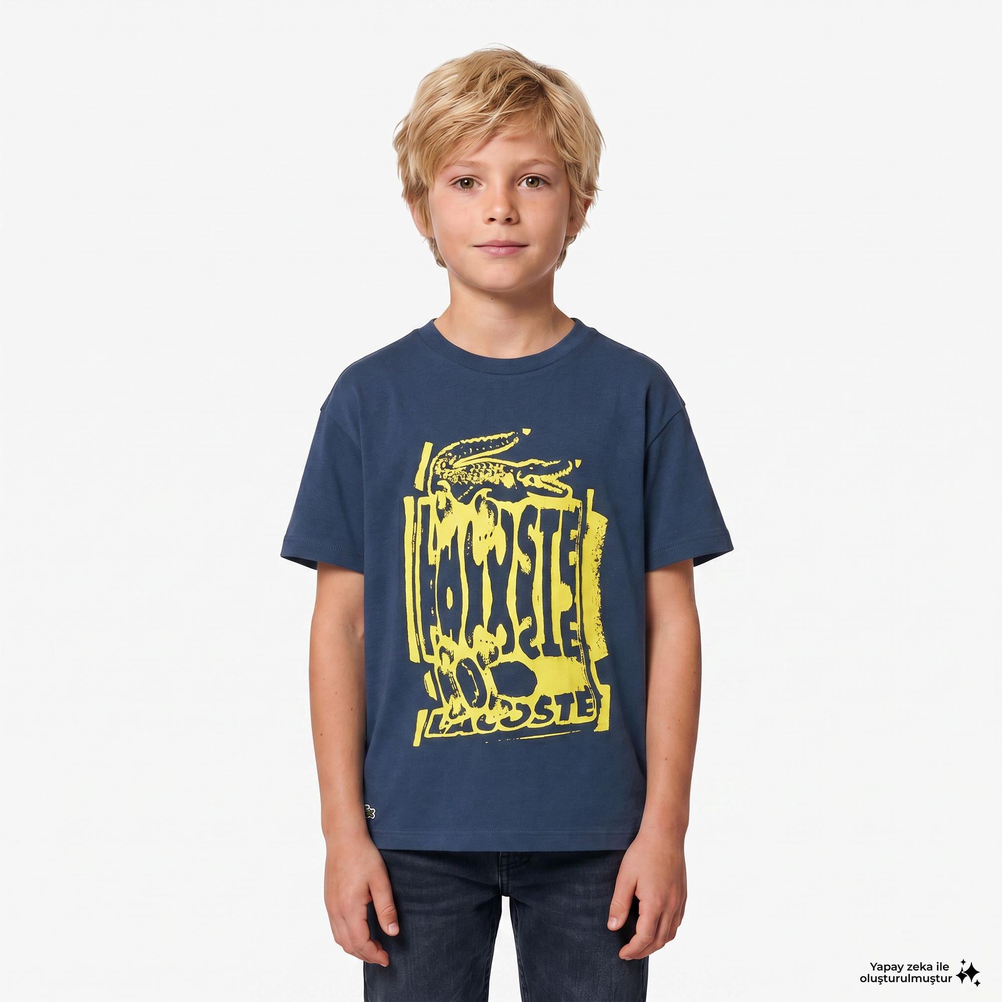 Çocuk Bisiklet Yaka Baskılı Lacivert T-Shirt