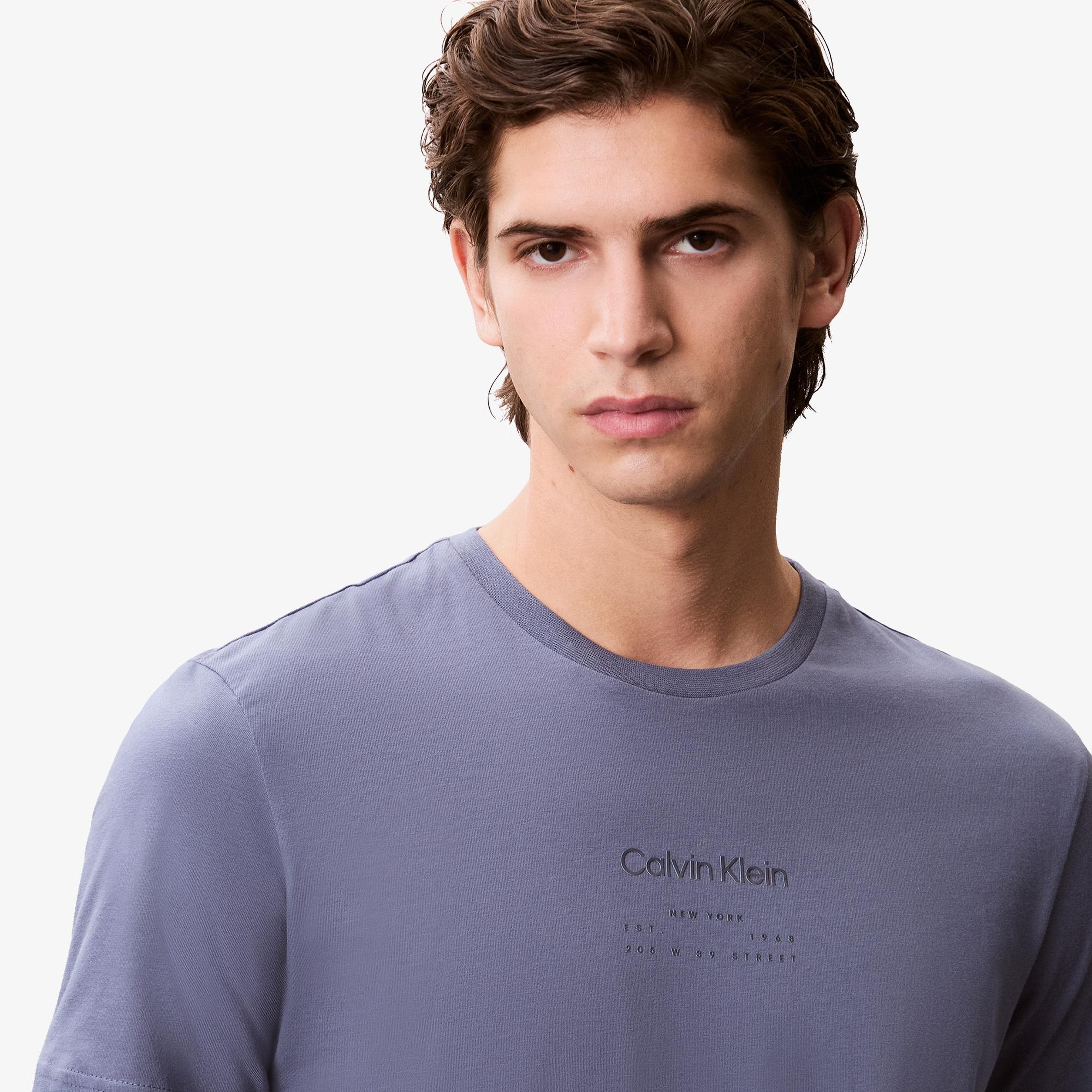 Calvin Klein Raised Editorial Logo Erkek Mavi T-Shirt
