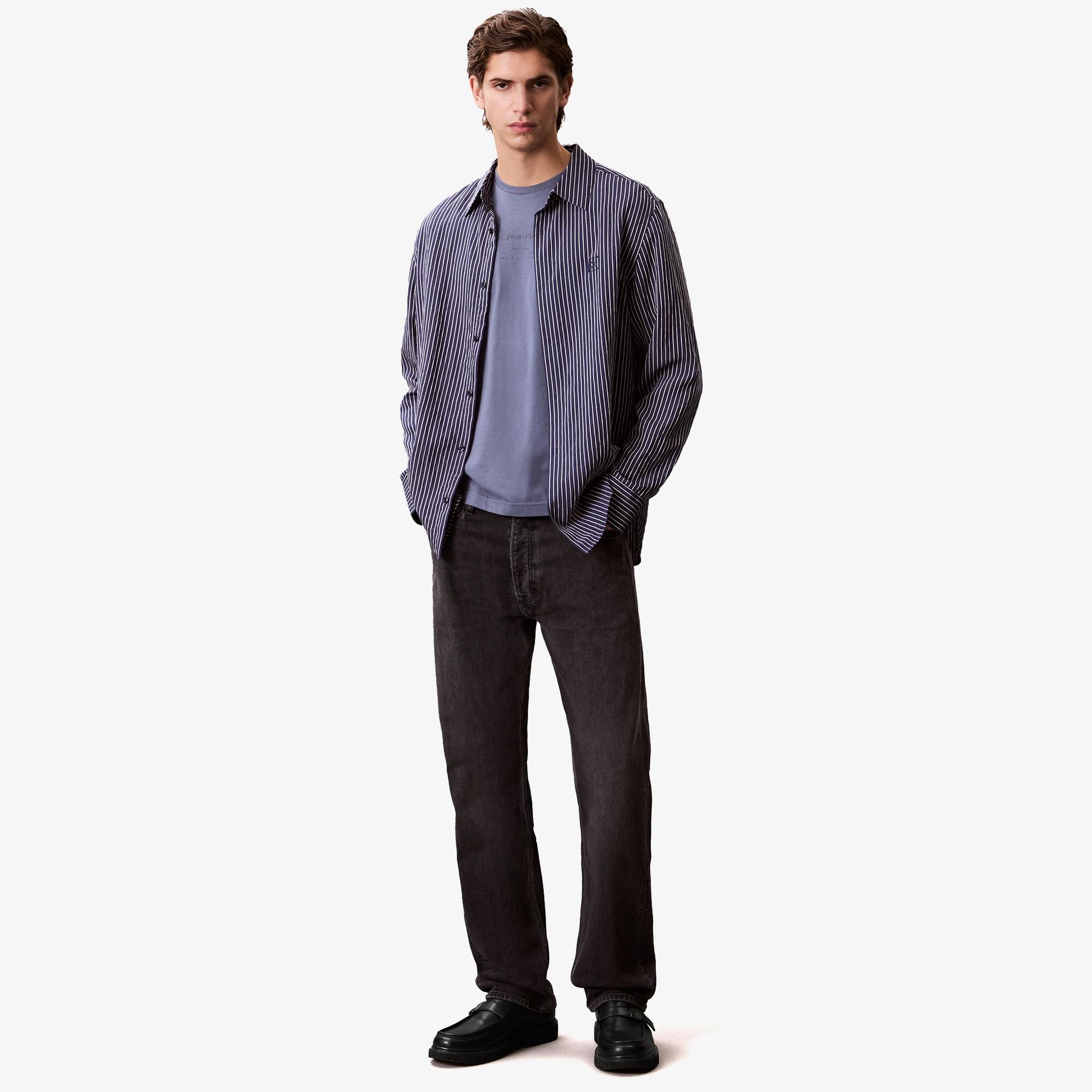 Calvin Klein Raised Editorial Logo Erkek Mavi T-Shirt