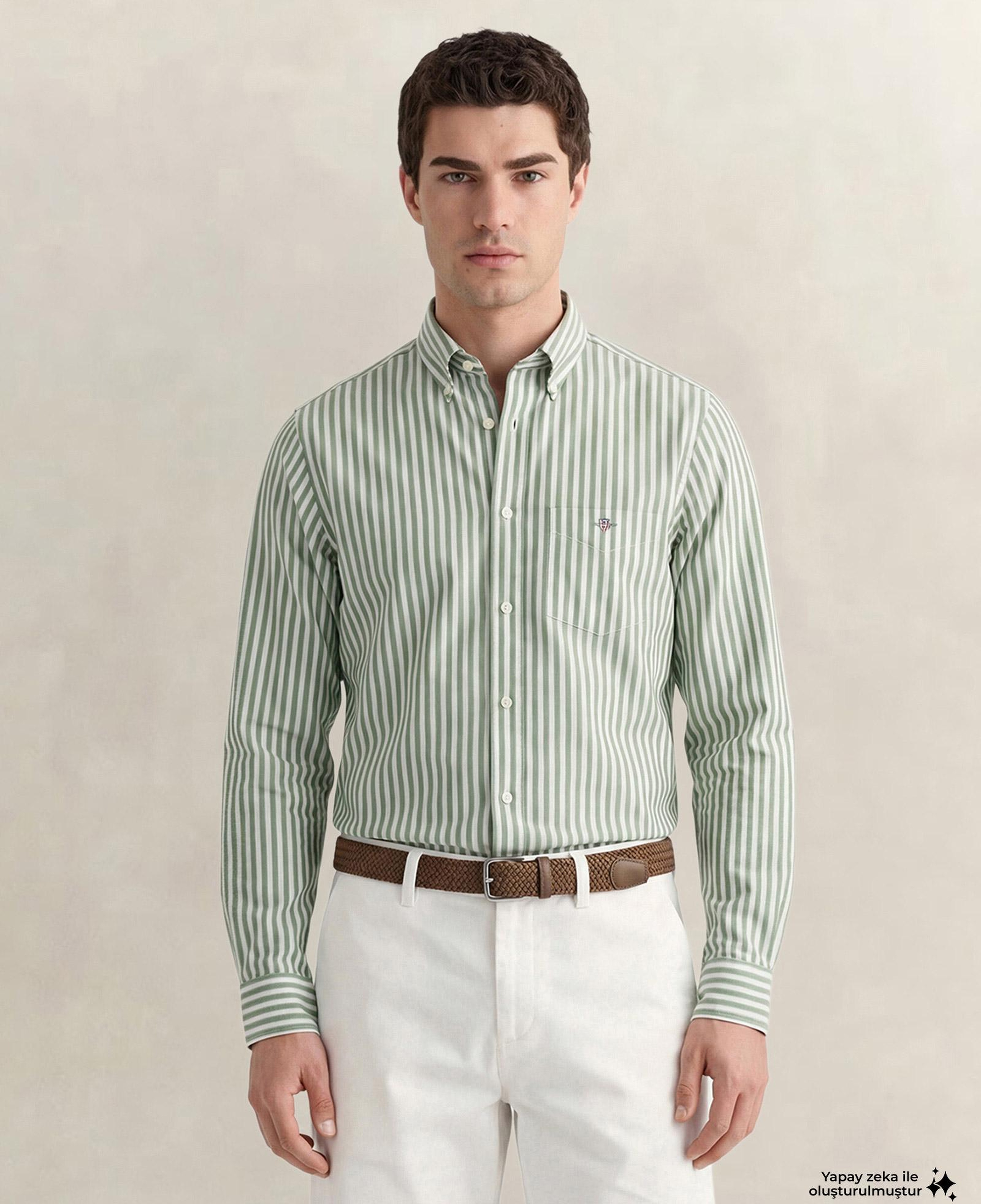 GANT Erkek Yeşil Regular Fit Çizgili Logolu Gömlek