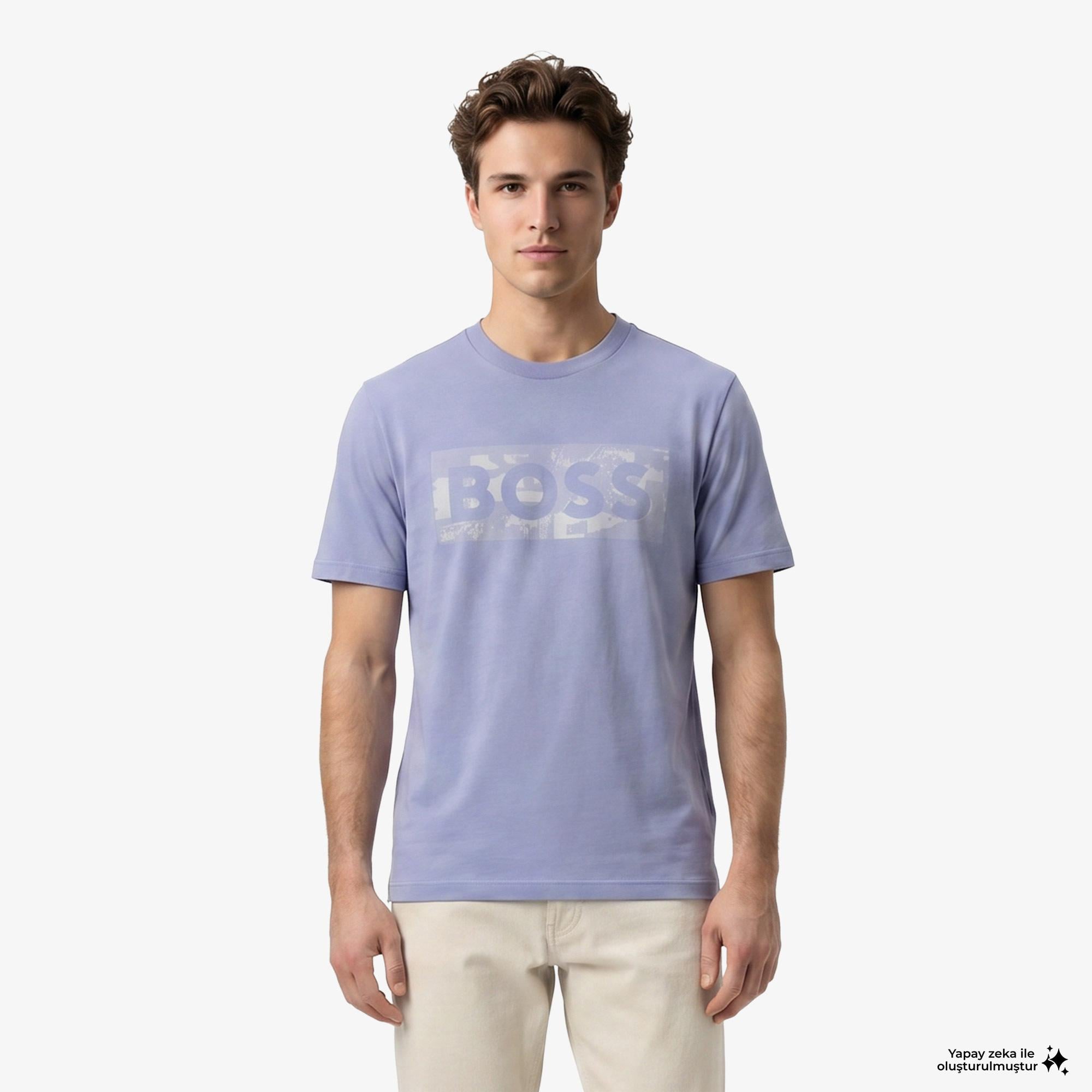 Boss Globe Logo Pattern Erkek Mavi T-Shirt