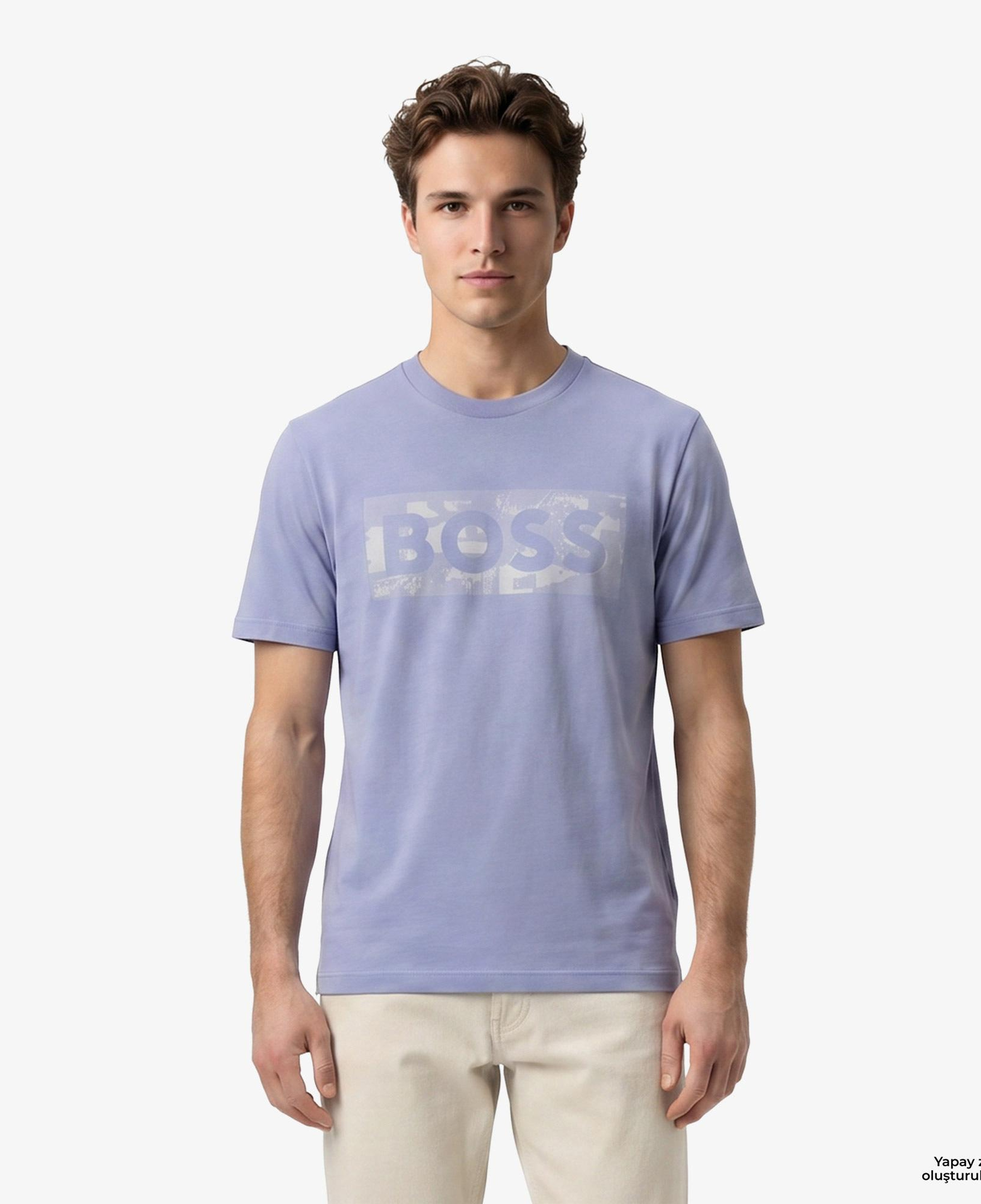 Boss Globe Logo Pattern Erkek Mavi T-Shirt