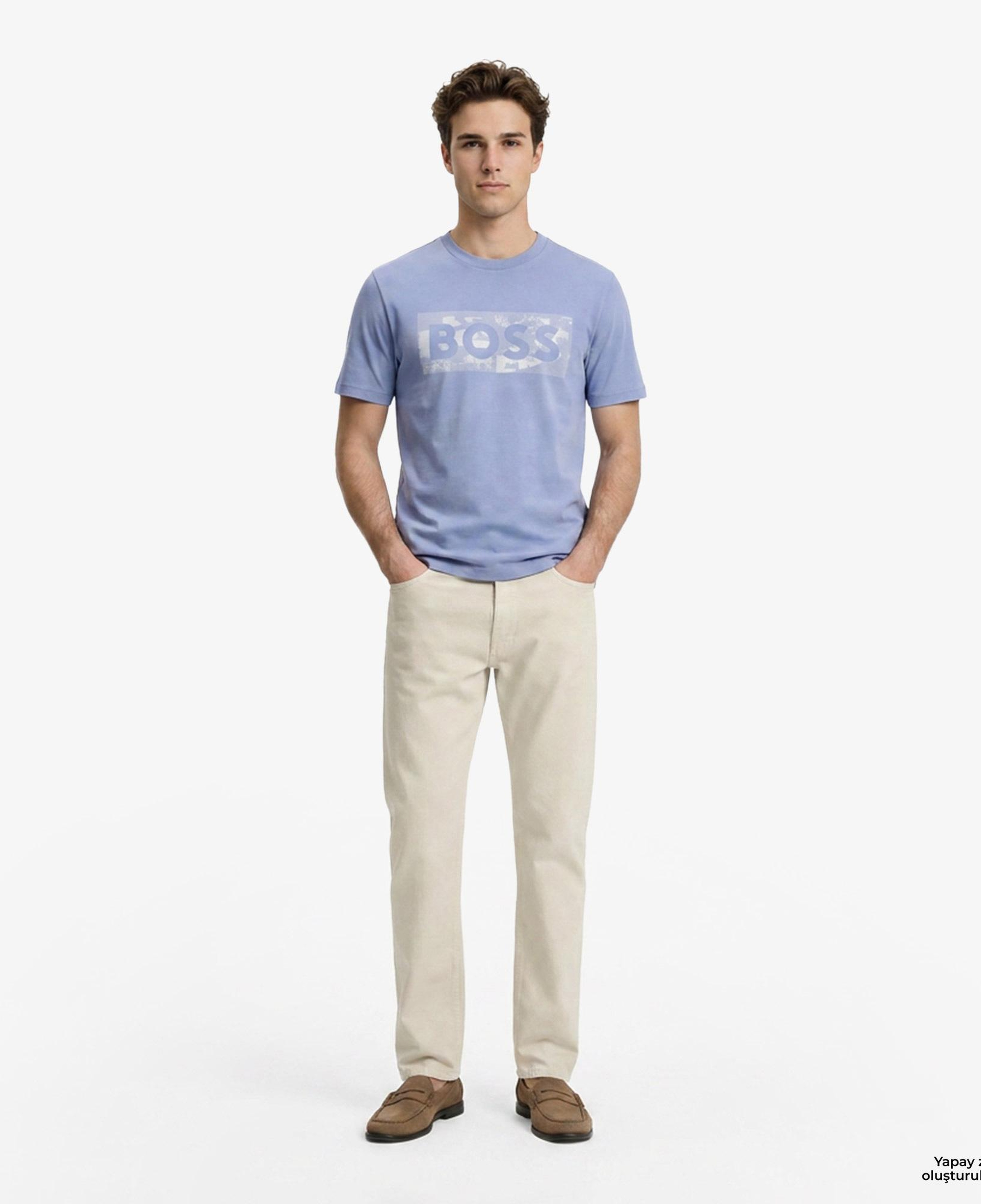 Boss Globe Logo Pattern Erkek Mavi T-Shirt