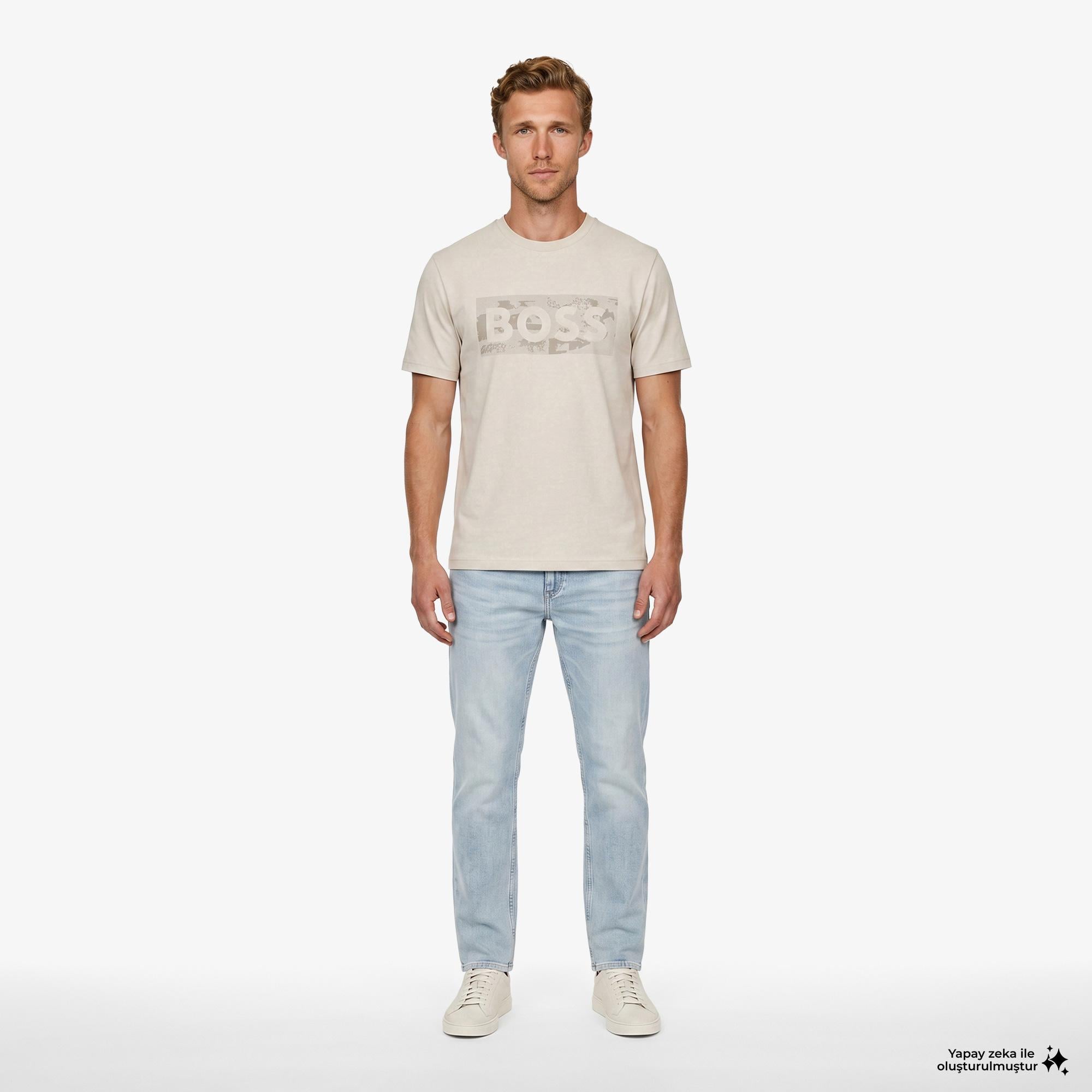 Boss Globe Logo Pattern Erkek Bej T-Shirt