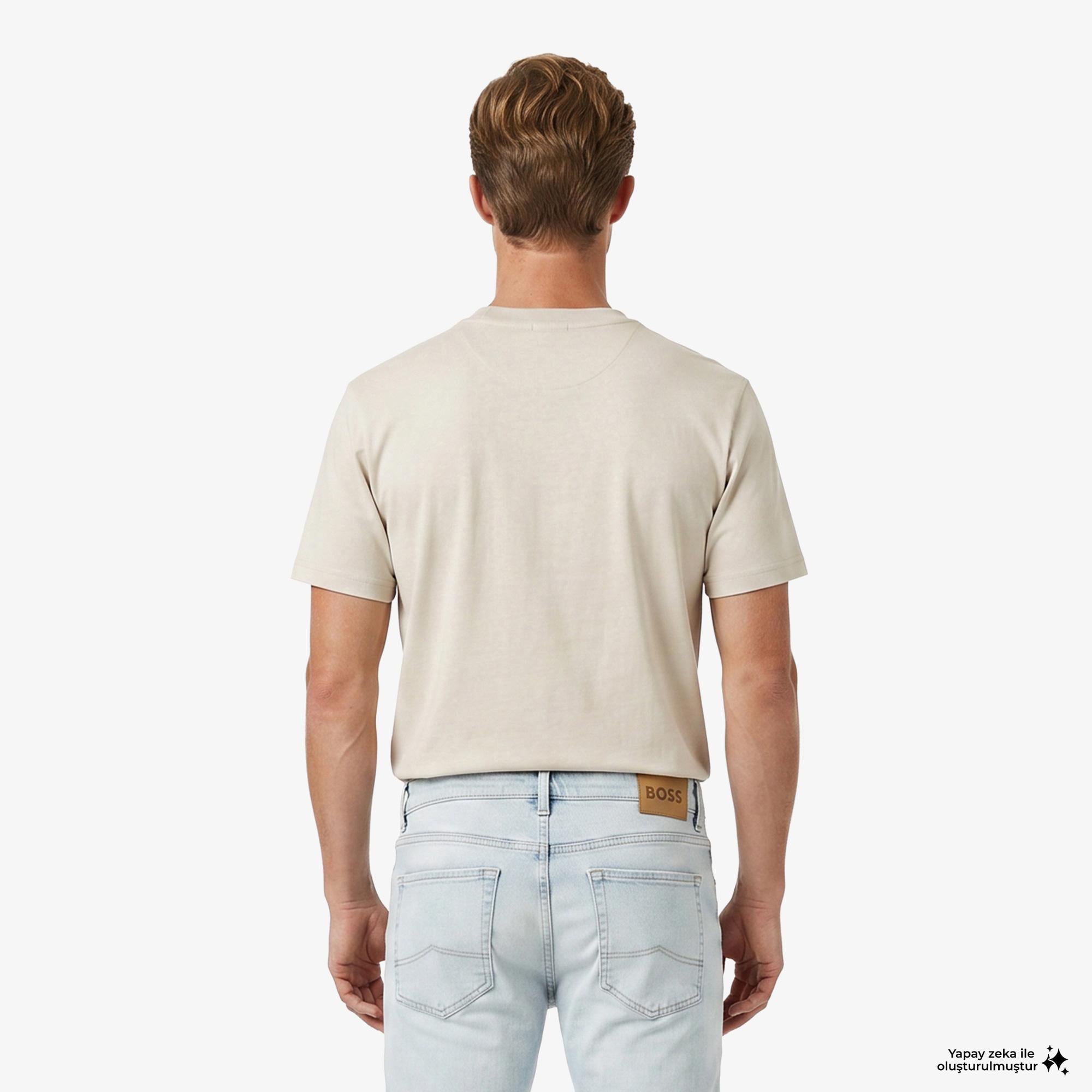 Boss Globe Logo Pattern Erkek Bej T-Shirt