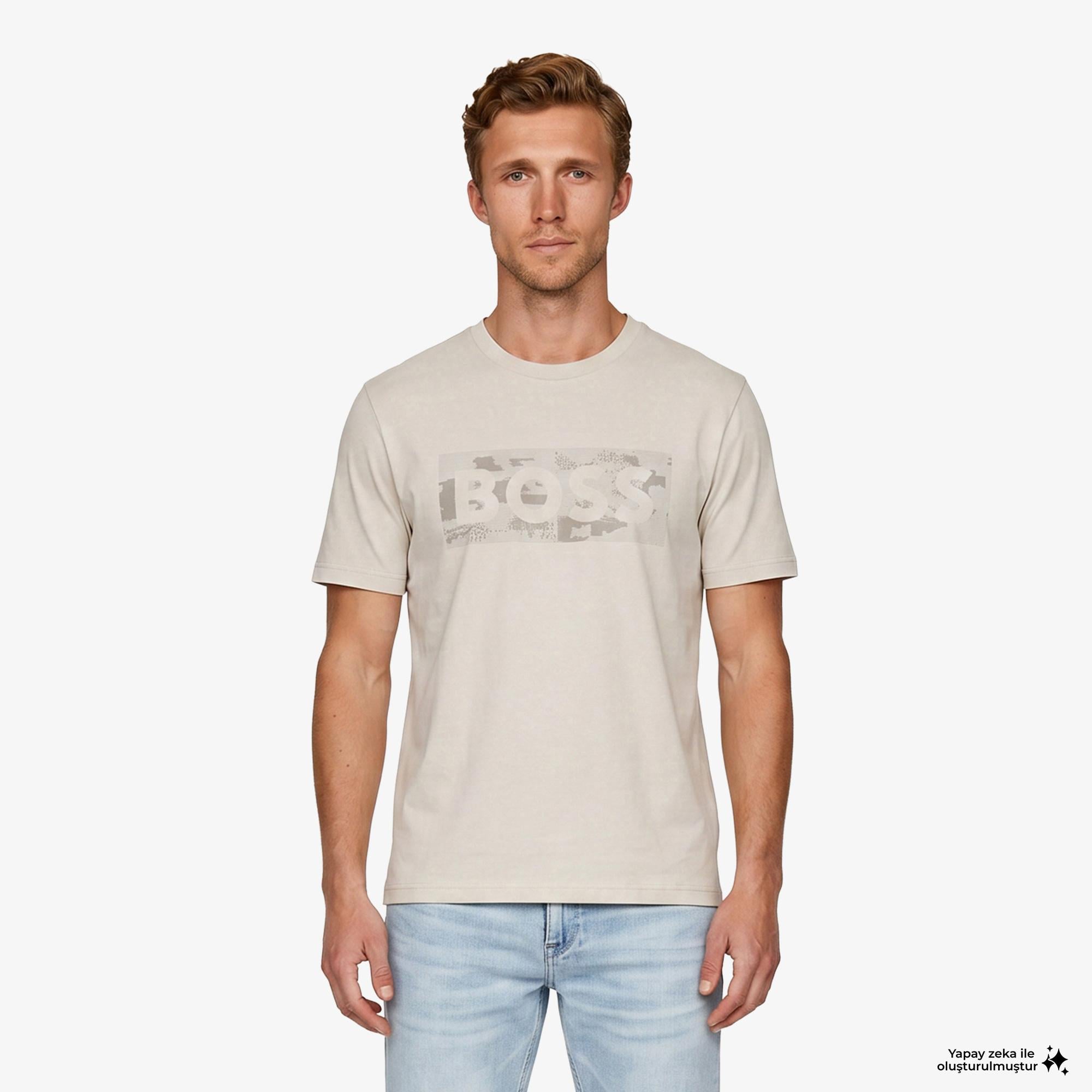 Boss Globe Logo Pattern Erkek Bej T-Shirt