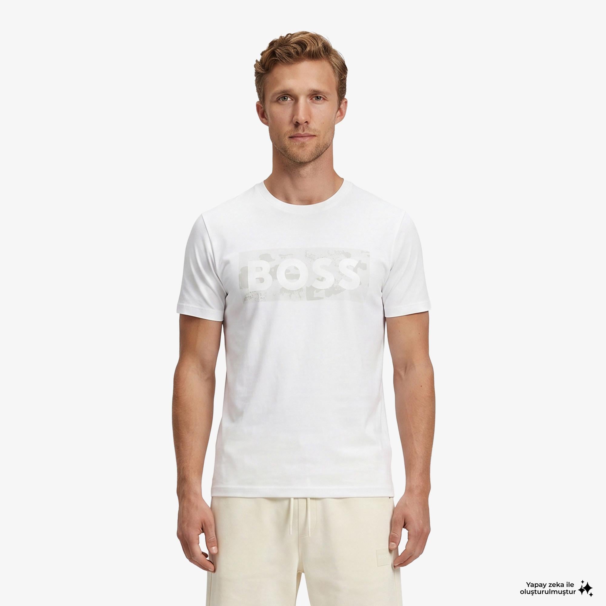 Boss Globe Logo Pattern Erkek Beyaz T-Shirt