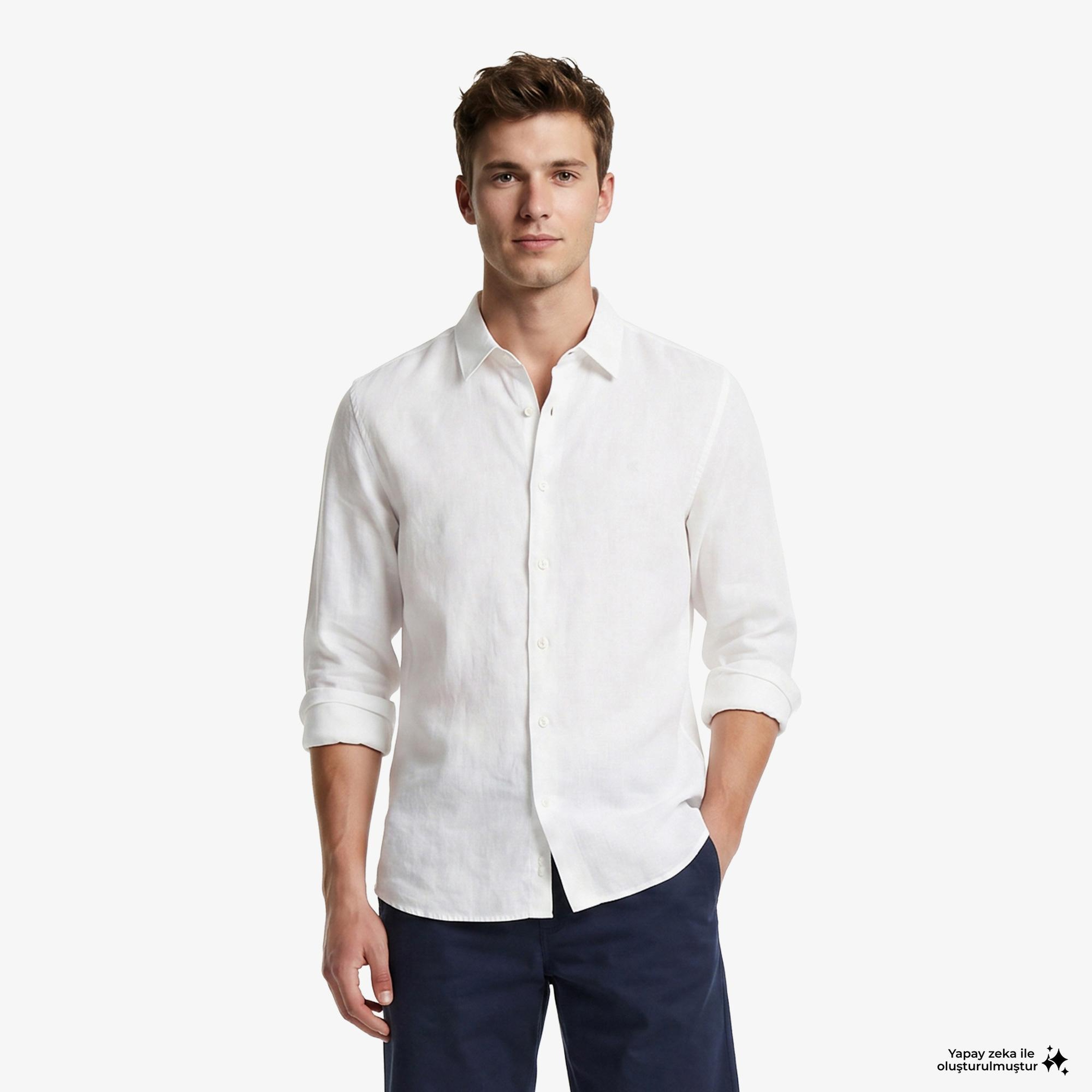 Calvin Klein Solid Classic Erkek Beyaz Keten Gömlek