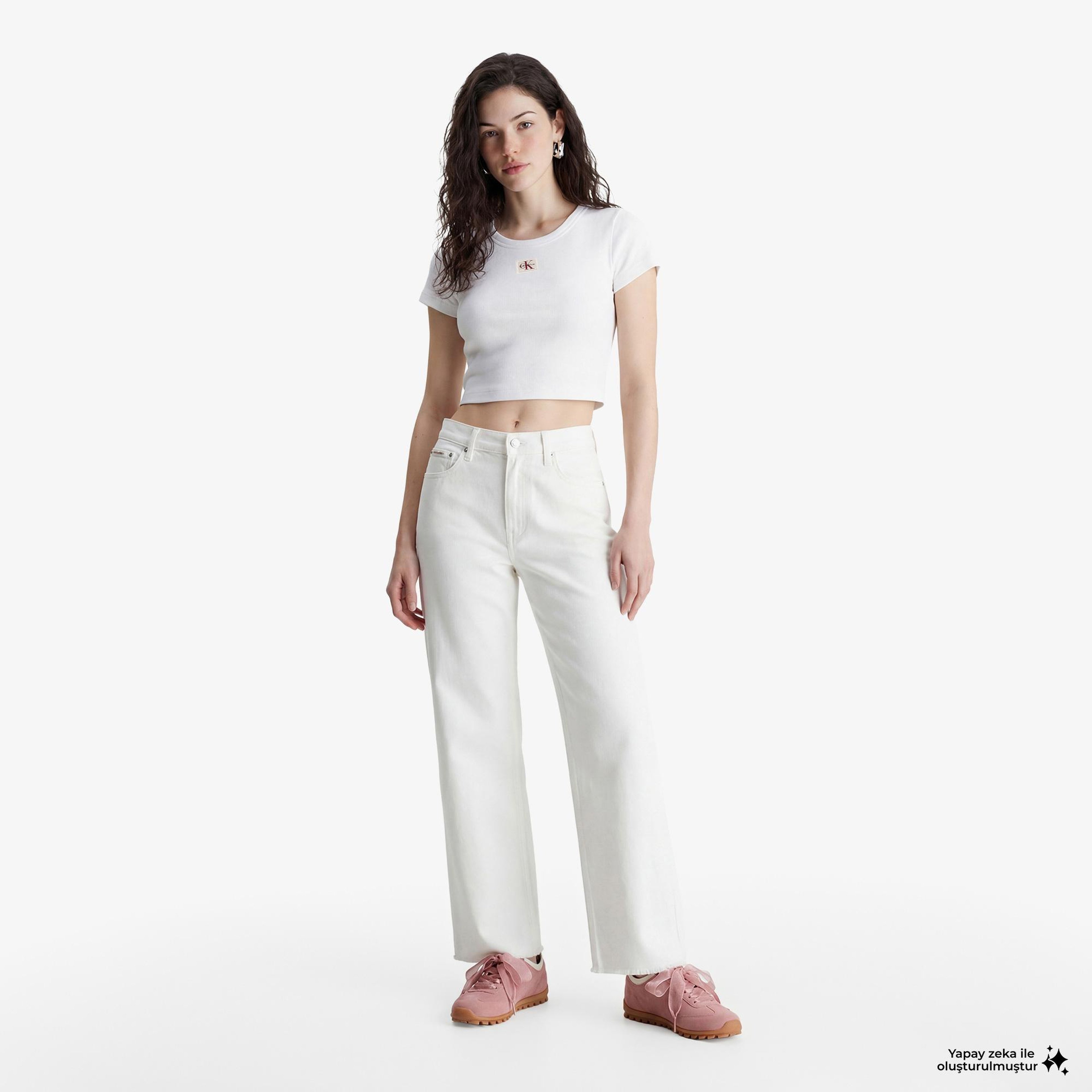 Calvin Klein Woven Label 2X2 Baby Rib Kadın Beyaz T-Shirt
