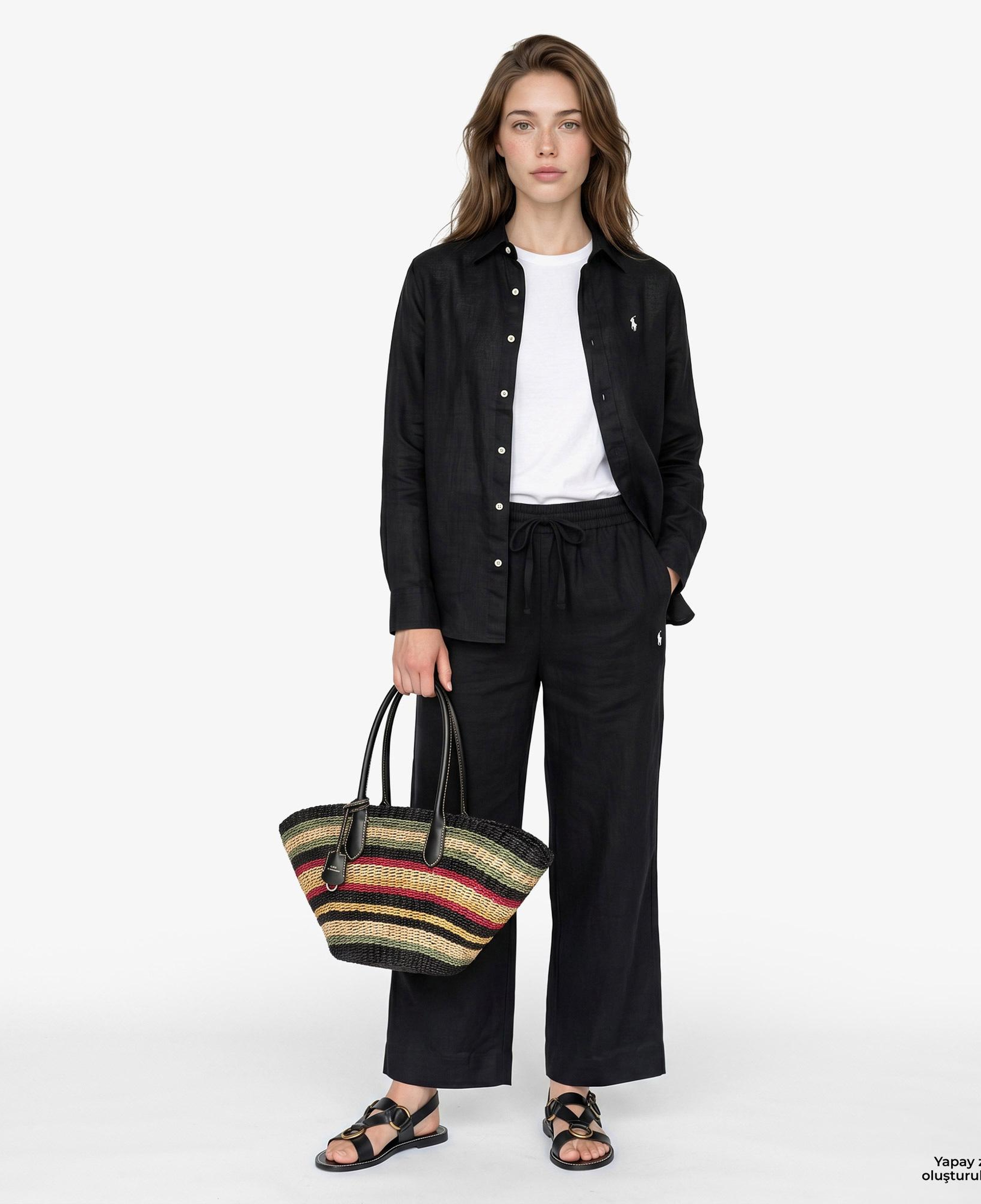 Polo Ralph Lauren Smocked Pull On Kadın Siyah Keten Pantolon
