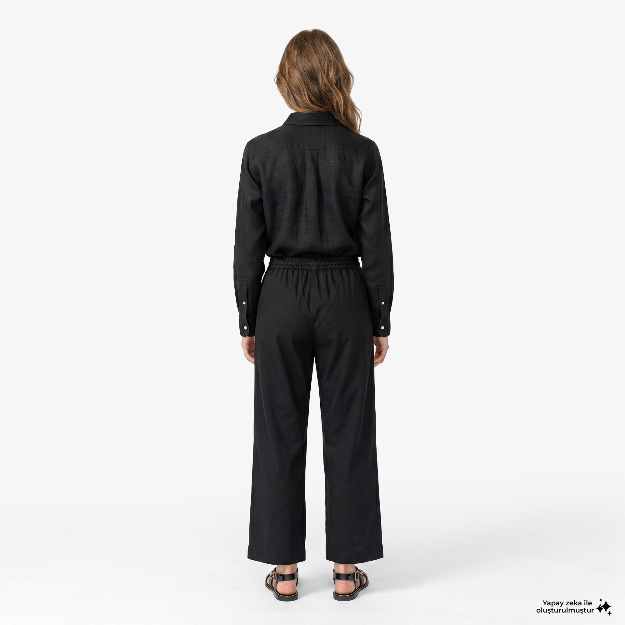 Polo Ralph Lauren Smocked Pull On Kadın Siyah Keten Pantolon