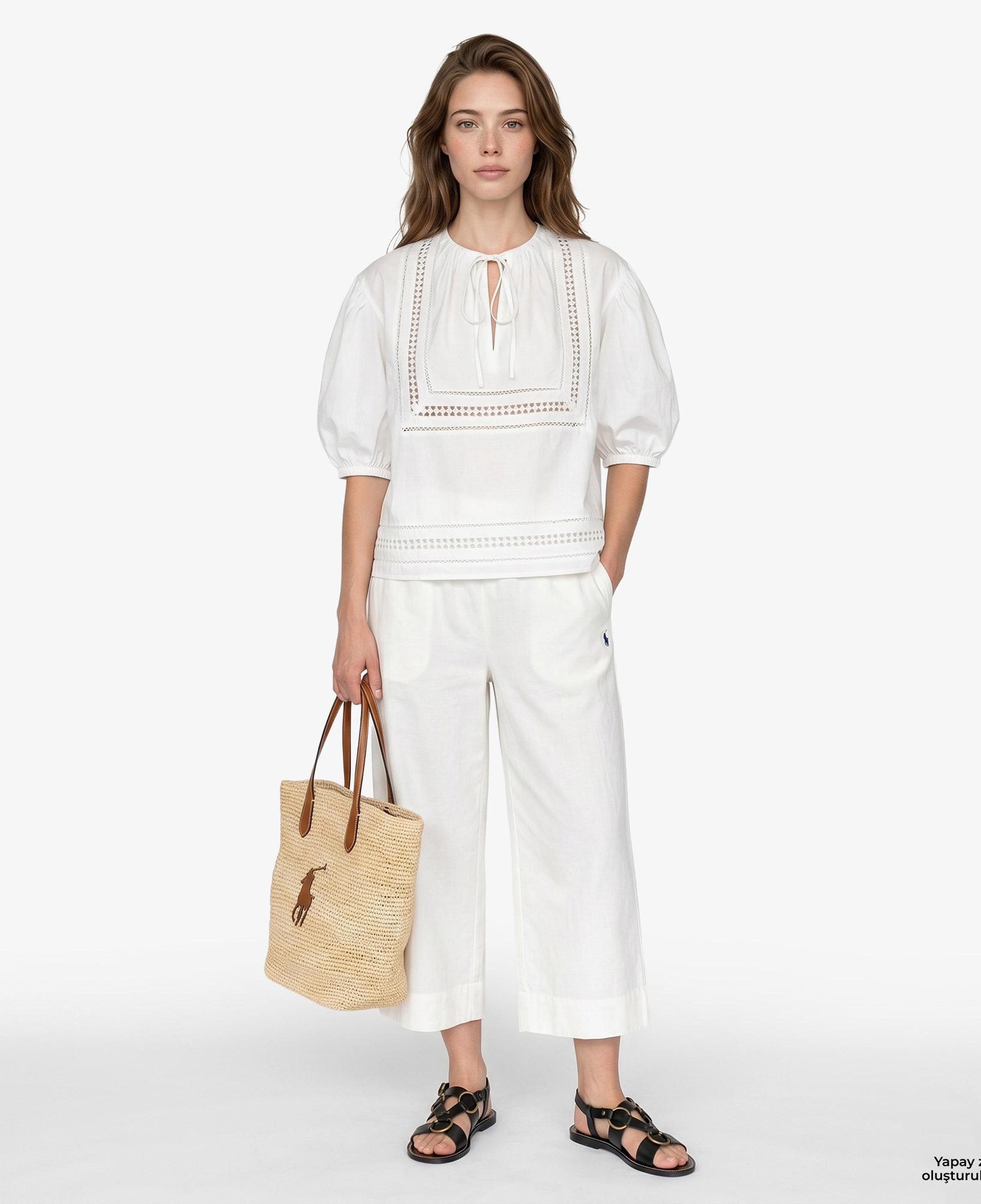 Polo Ralph Lauren Smocked Pull On Kadın Beyaz Keten Pantolon