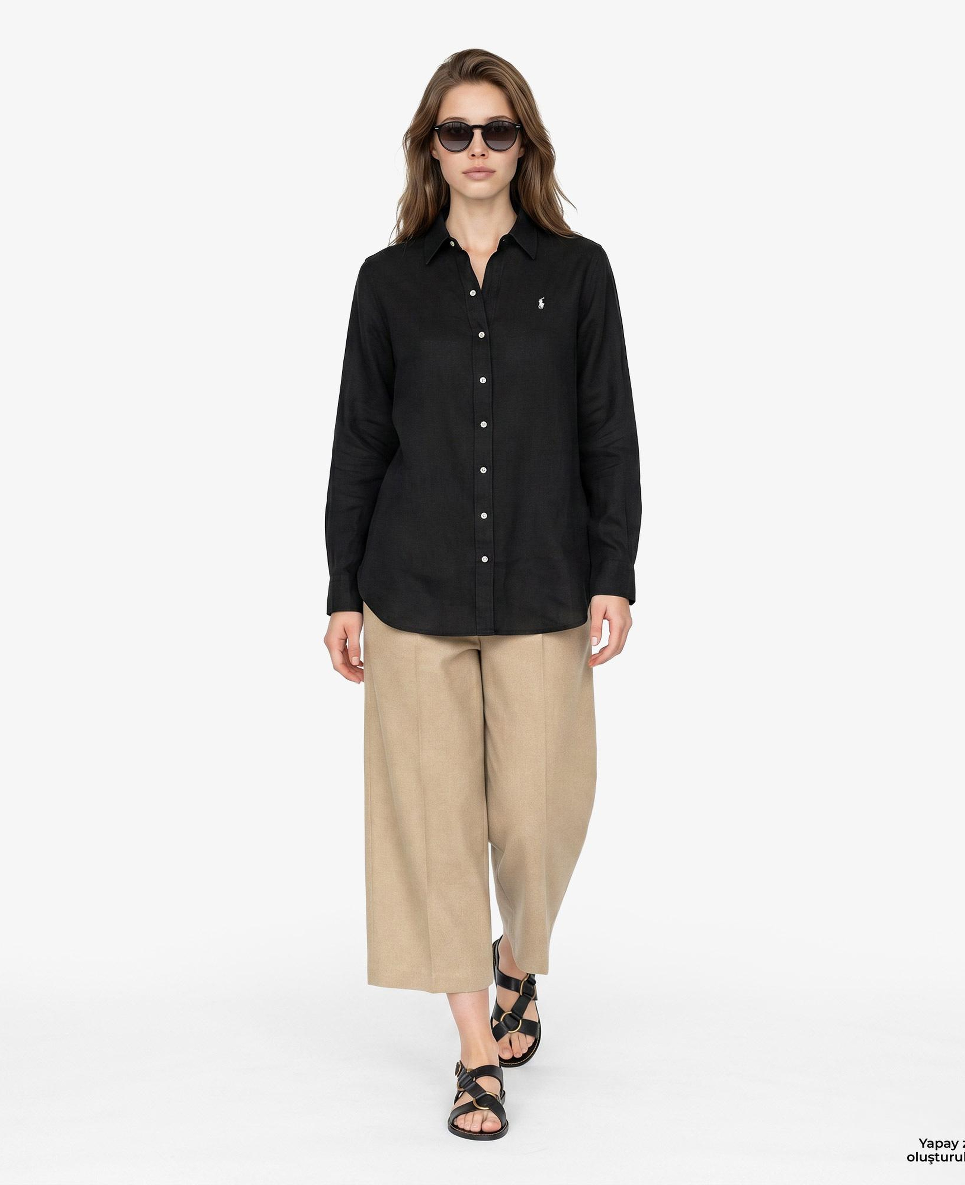 Polo Ralph Lauren Boyfriend Kadın Siyah Keten Gömlek