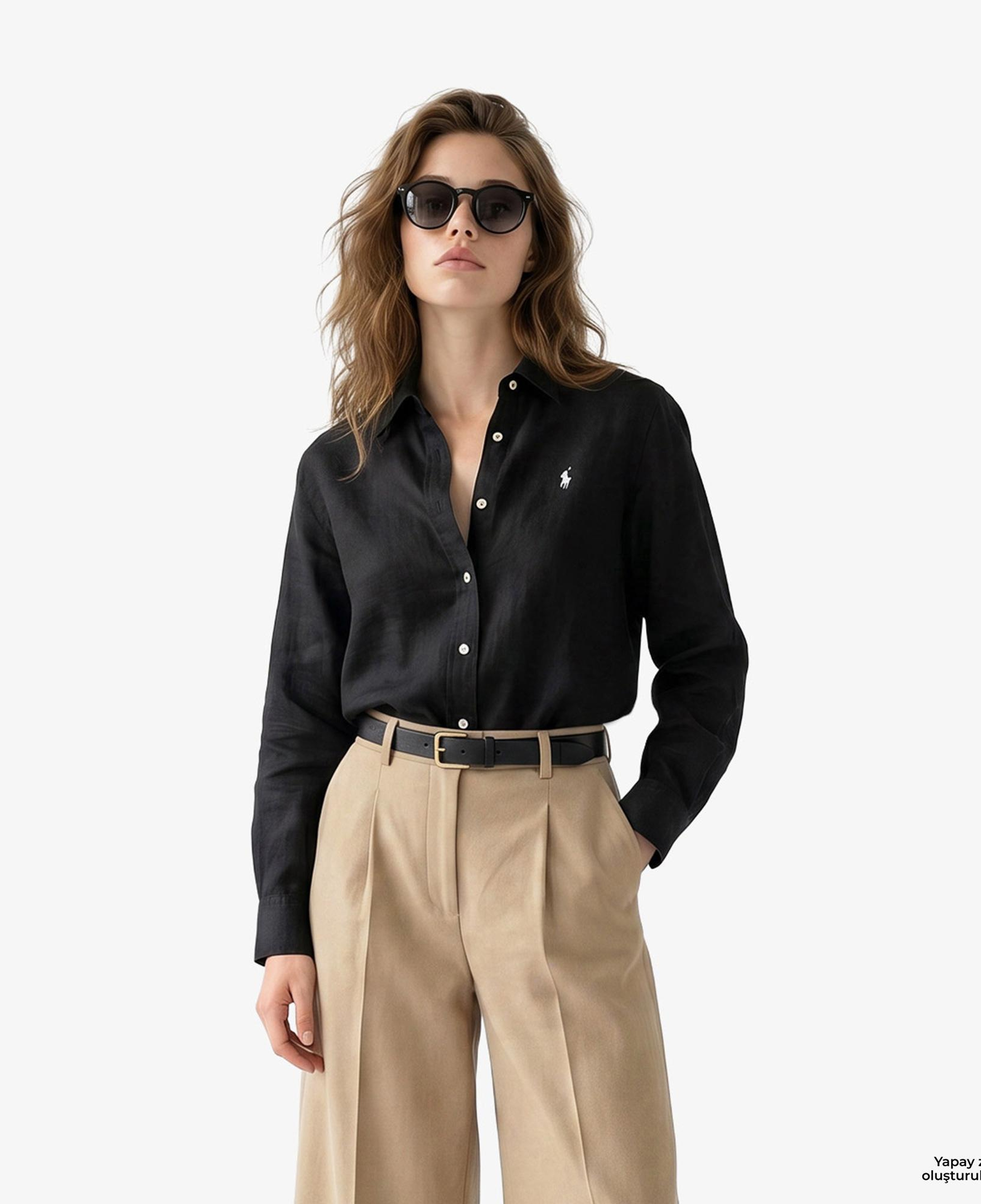 Polo Ralph Lauren Boyfriend Kadın Siyah Keten Gömlek