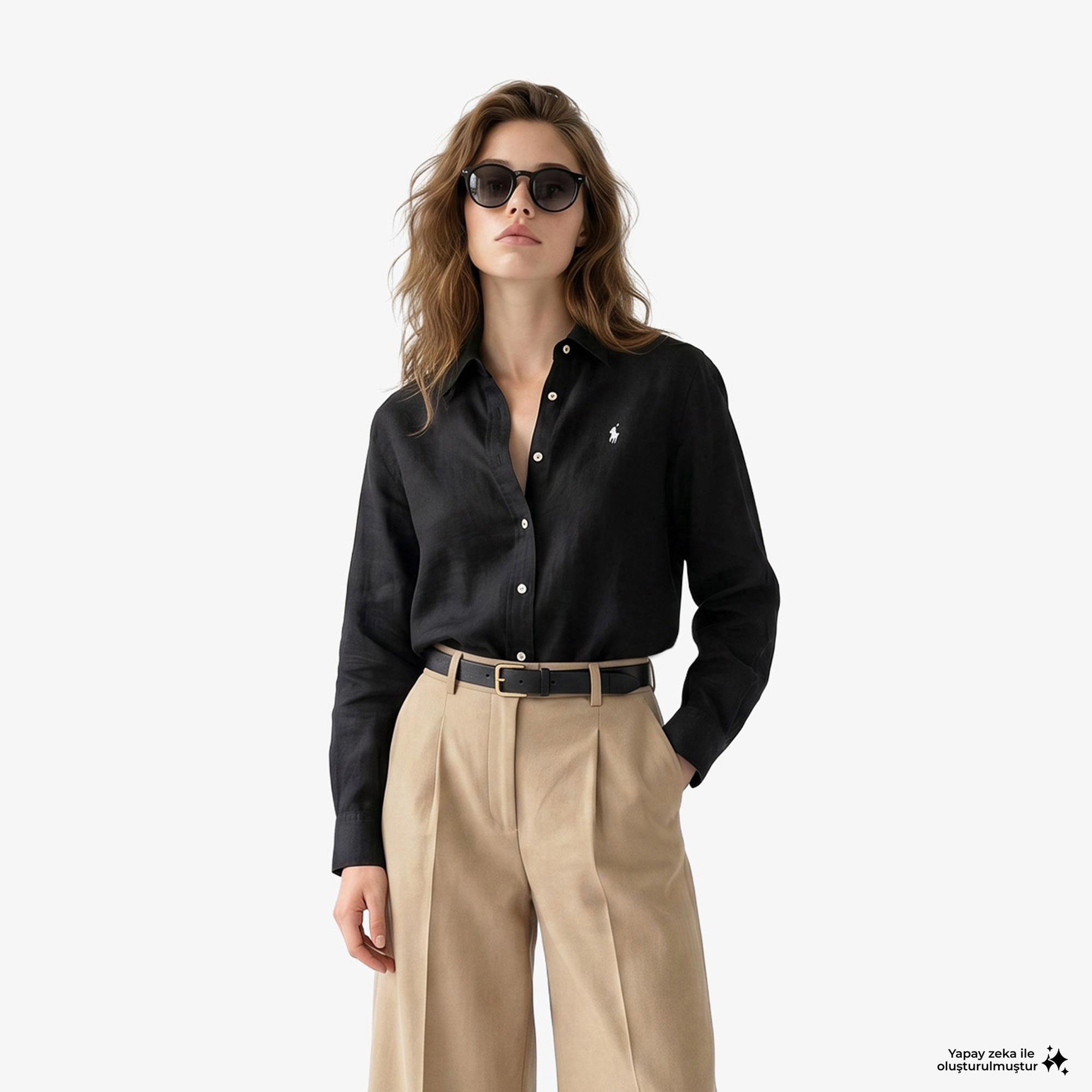 Polo Ralph Lauren Boyfriend Kadın Siyah Keten Gömlek