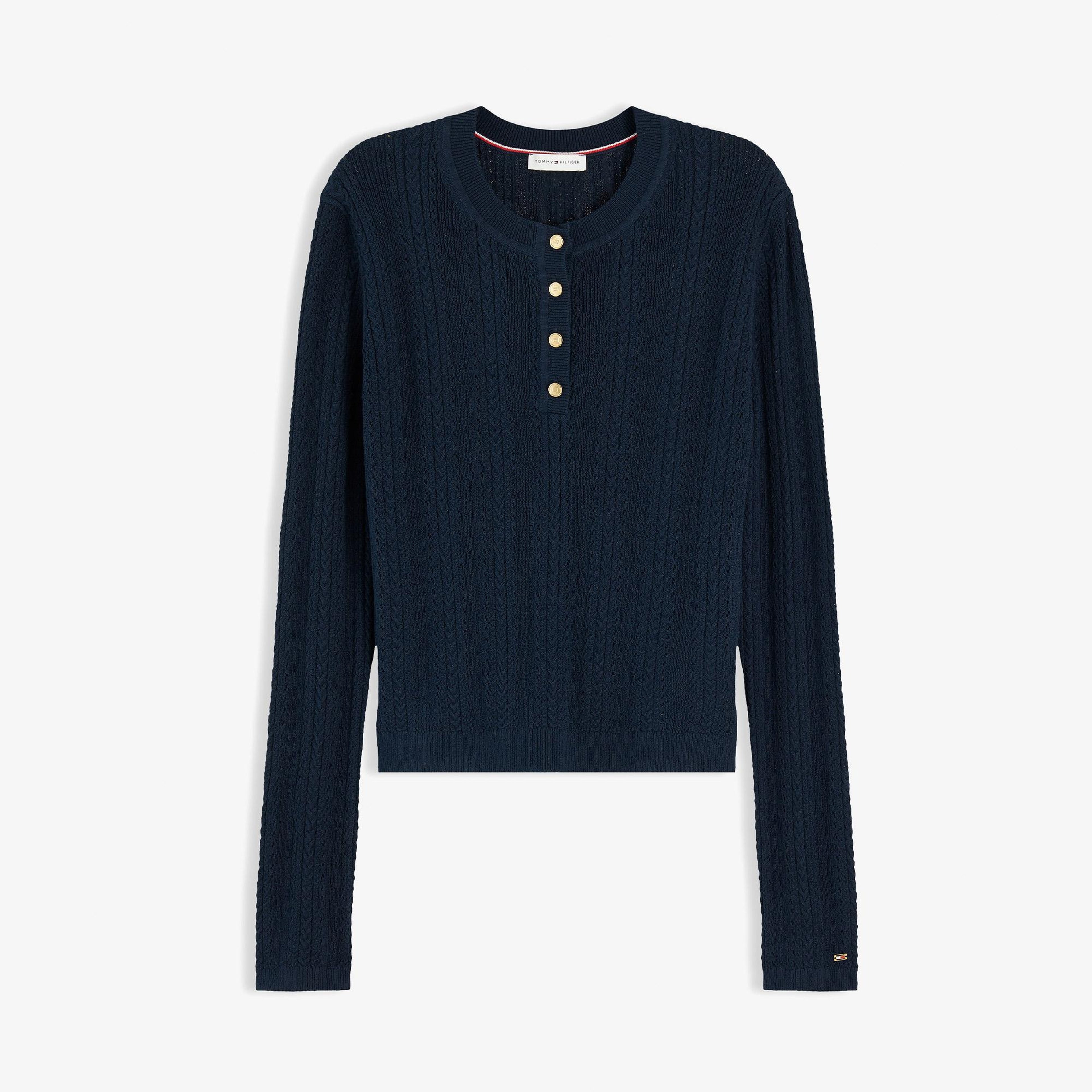 Tommy Hilfiger Mini Cable Pointelle Henley Kadın Mavi Triko