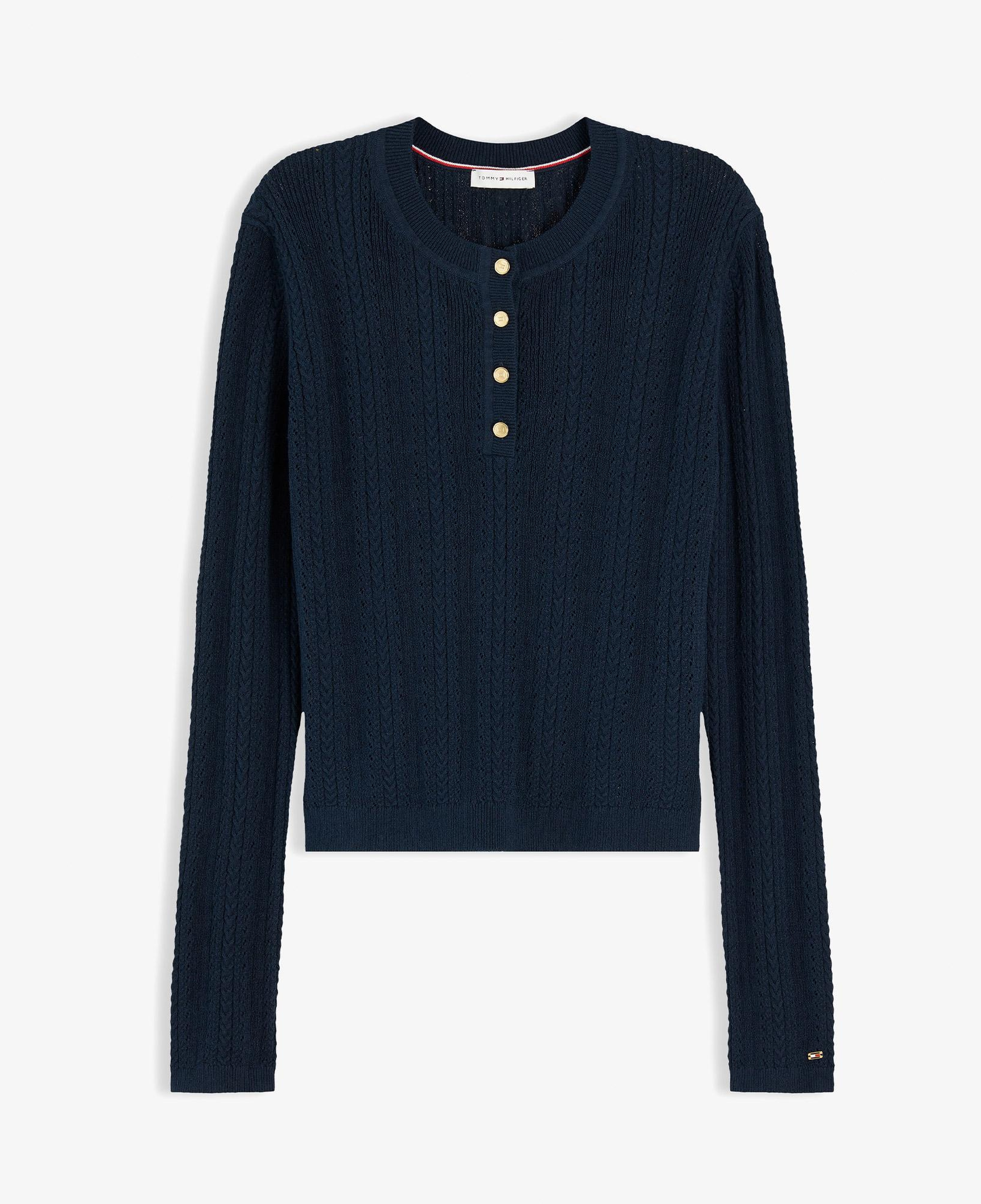 Tommy Hilfiger Mini Cable Pointelle Henley Kadın Mavi Triko